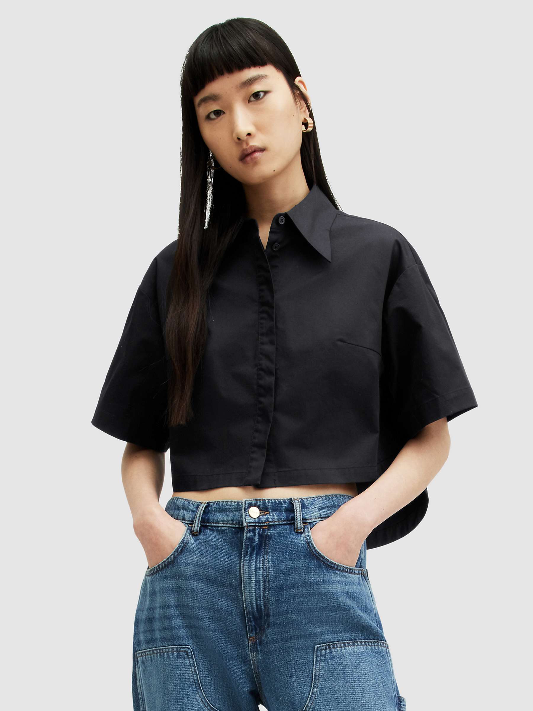 Buy AllSaints Joanna Organic Cotton Cropped Shirt, Black Online at johnlewis.com