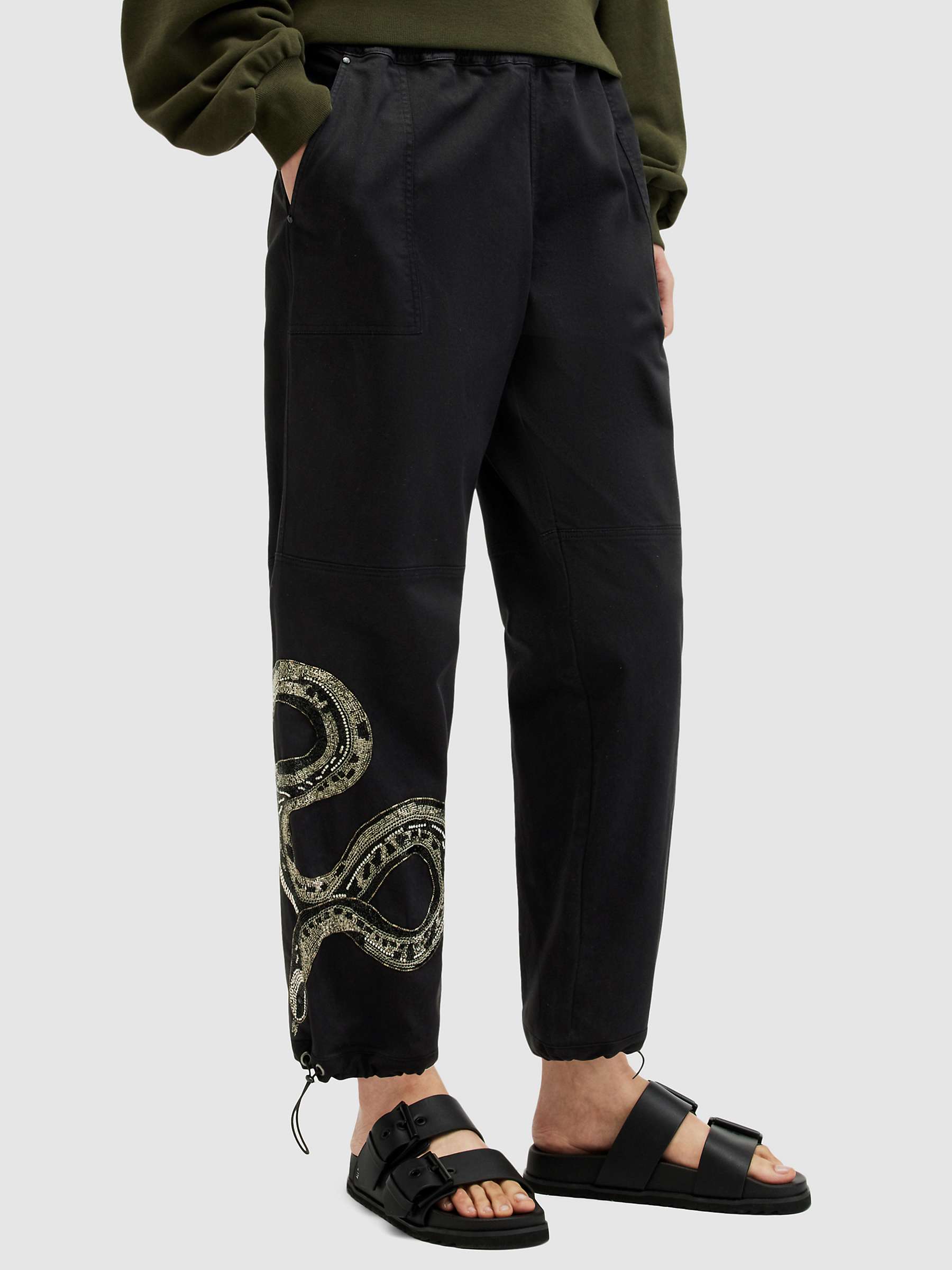 Buy AllSaints Yas Embroidered Snake Trousers, Washed Black Online at johnlewis.com