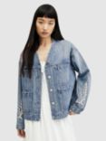 AllSaints Terri Embroidered Denim Workwear Jacket, Mid Indigo