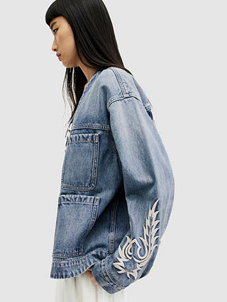 AllSaints Terri Embroidered Denim Workwear Jacket, Mid Indigo