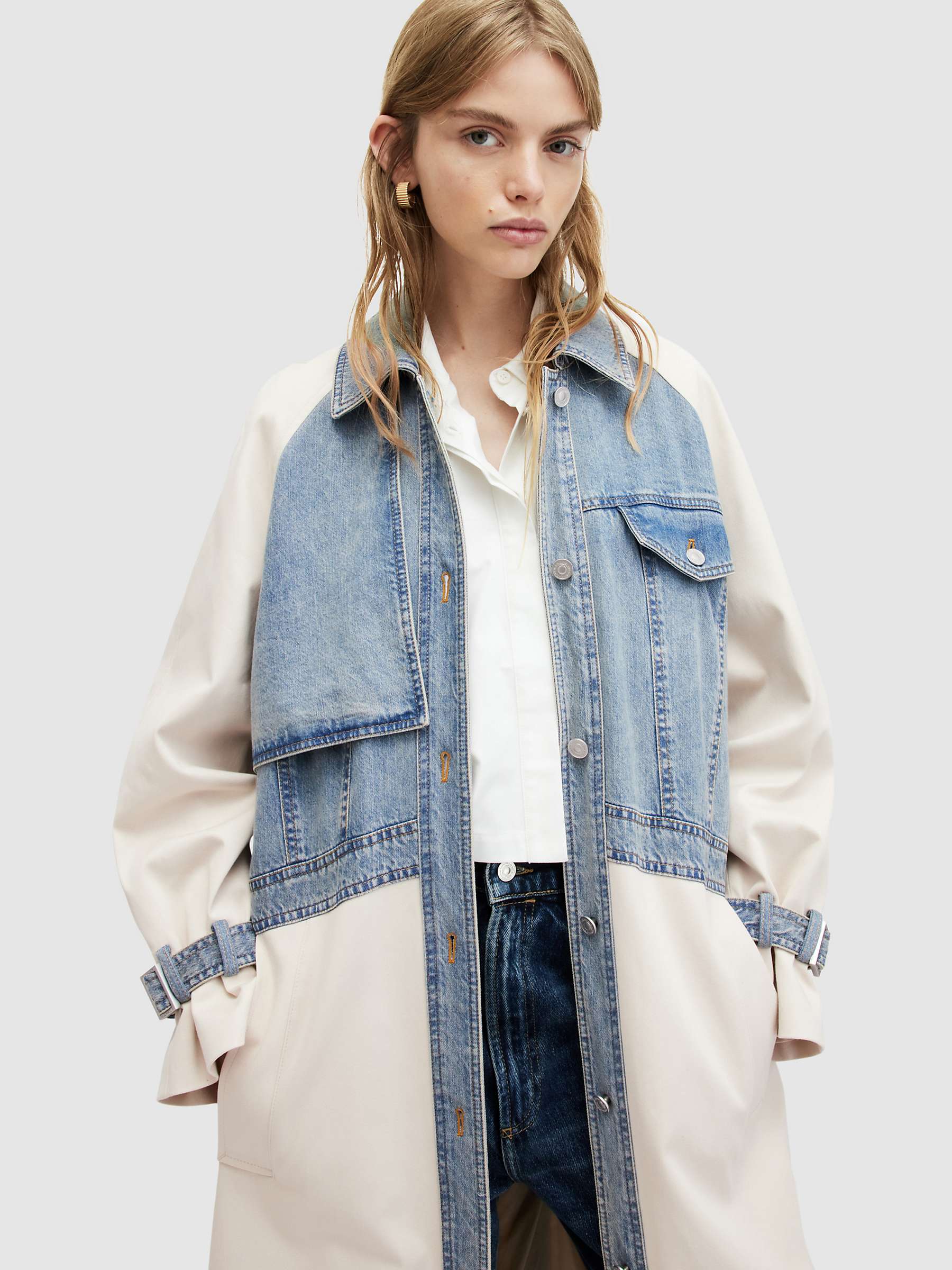 Buy AllSaints Dayly Bi-Material Trench Coat, Stone White/Blue Online at johnlewis.com