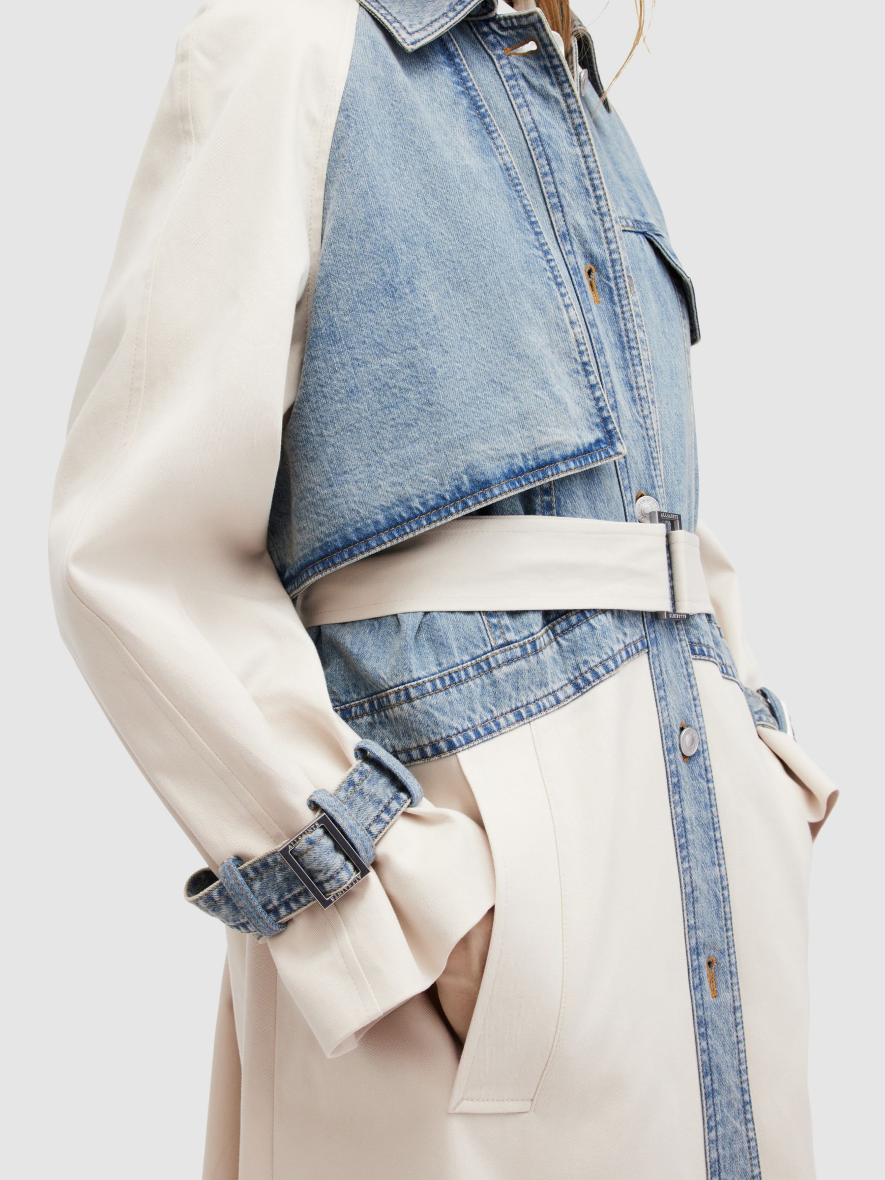 Buy AllSaints Dayly Bi-Material Trench Coat, Stone White/Blue Online at johnlewis.com