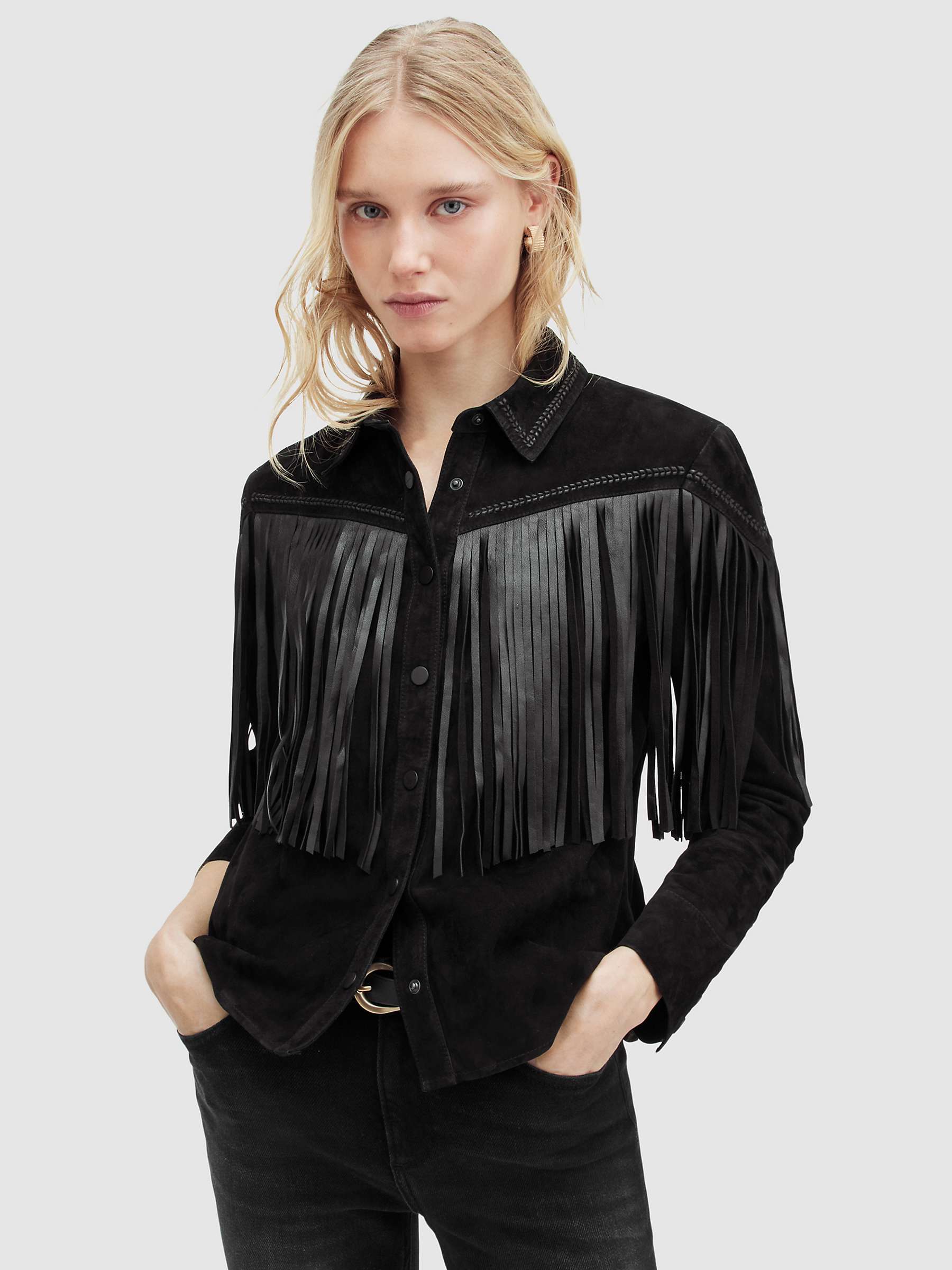 Buy AllSaints Cleo Leather Fringe Western Jacket, Black Online at johnlewis.com