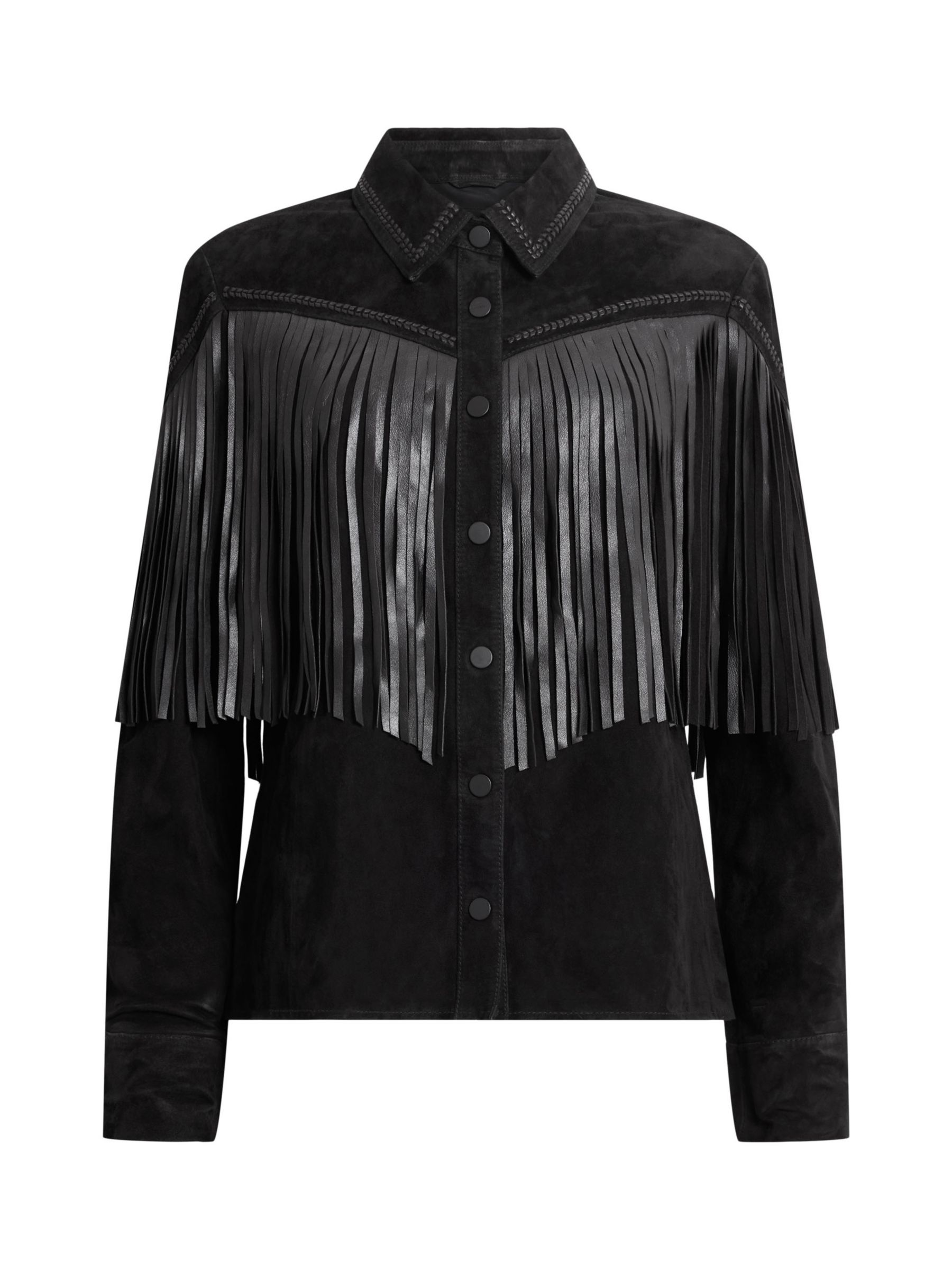 AllSaints Cleo Leather Fringe Western Jacket, Black, 10
