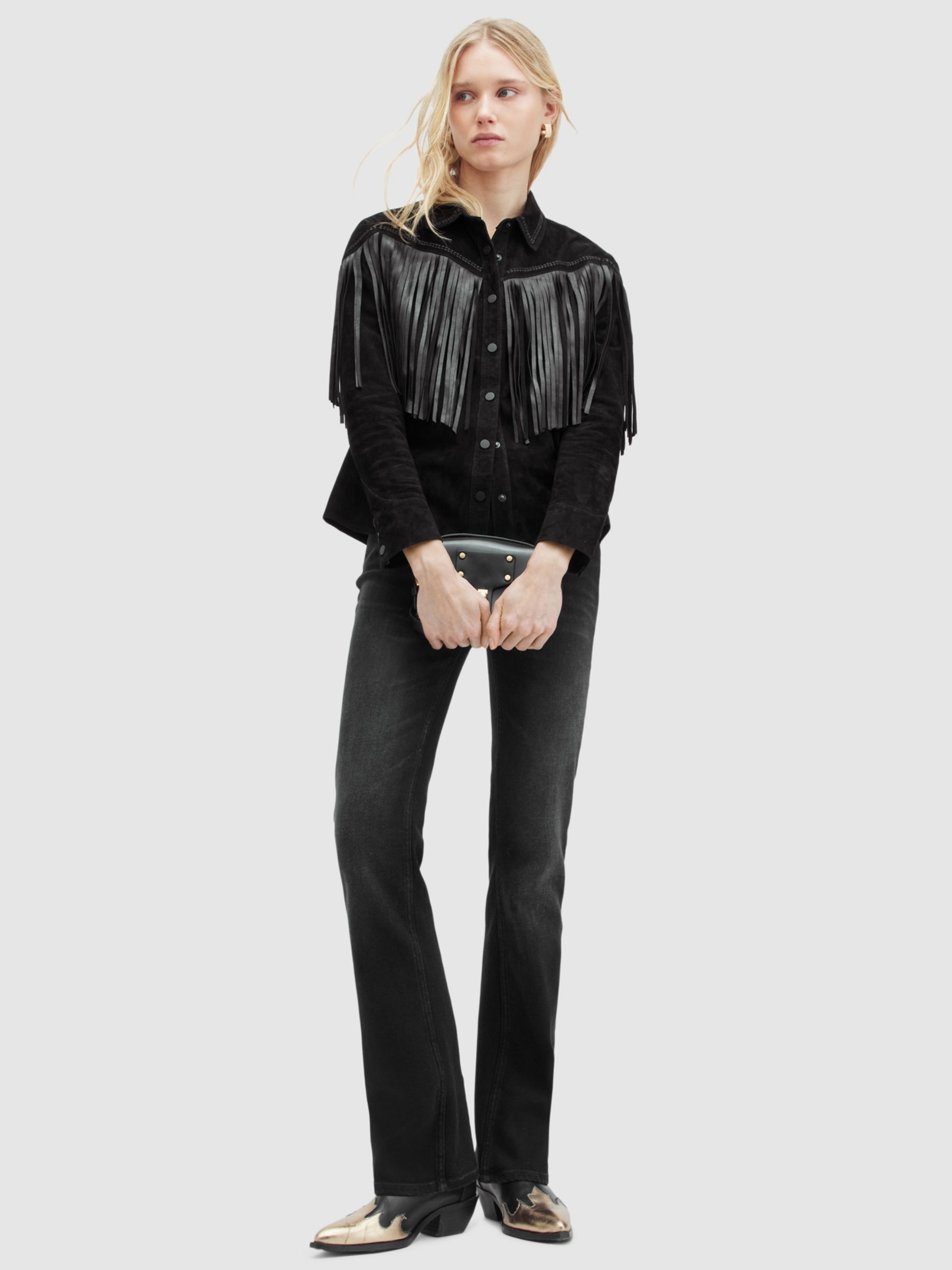 AllSaints Cleo Leather Fringe Western Jacket, Black, 10