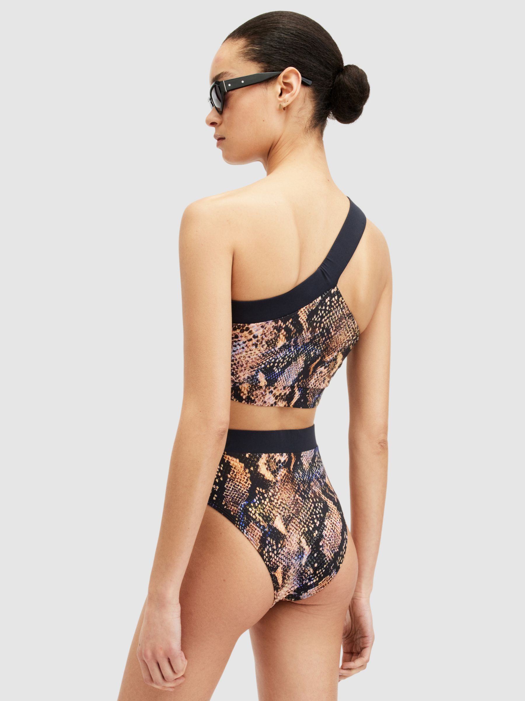 AllSaints Dara Snake Print Asymmetric Neck Bikini Top, Tahoe Brown, S