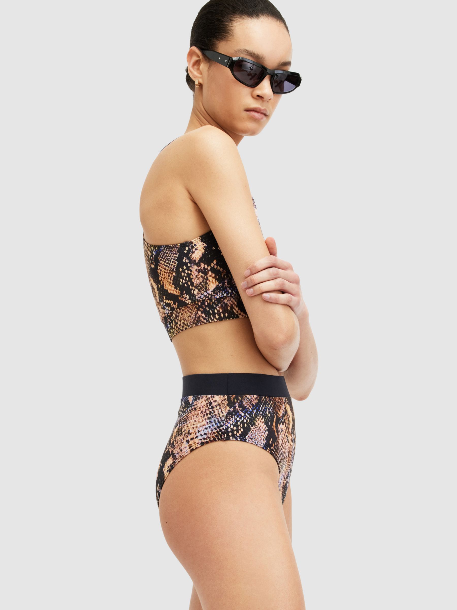 AllSaints Dara Snake Print Asymmetric Neck Bikini Top, Tahoe Brown, S