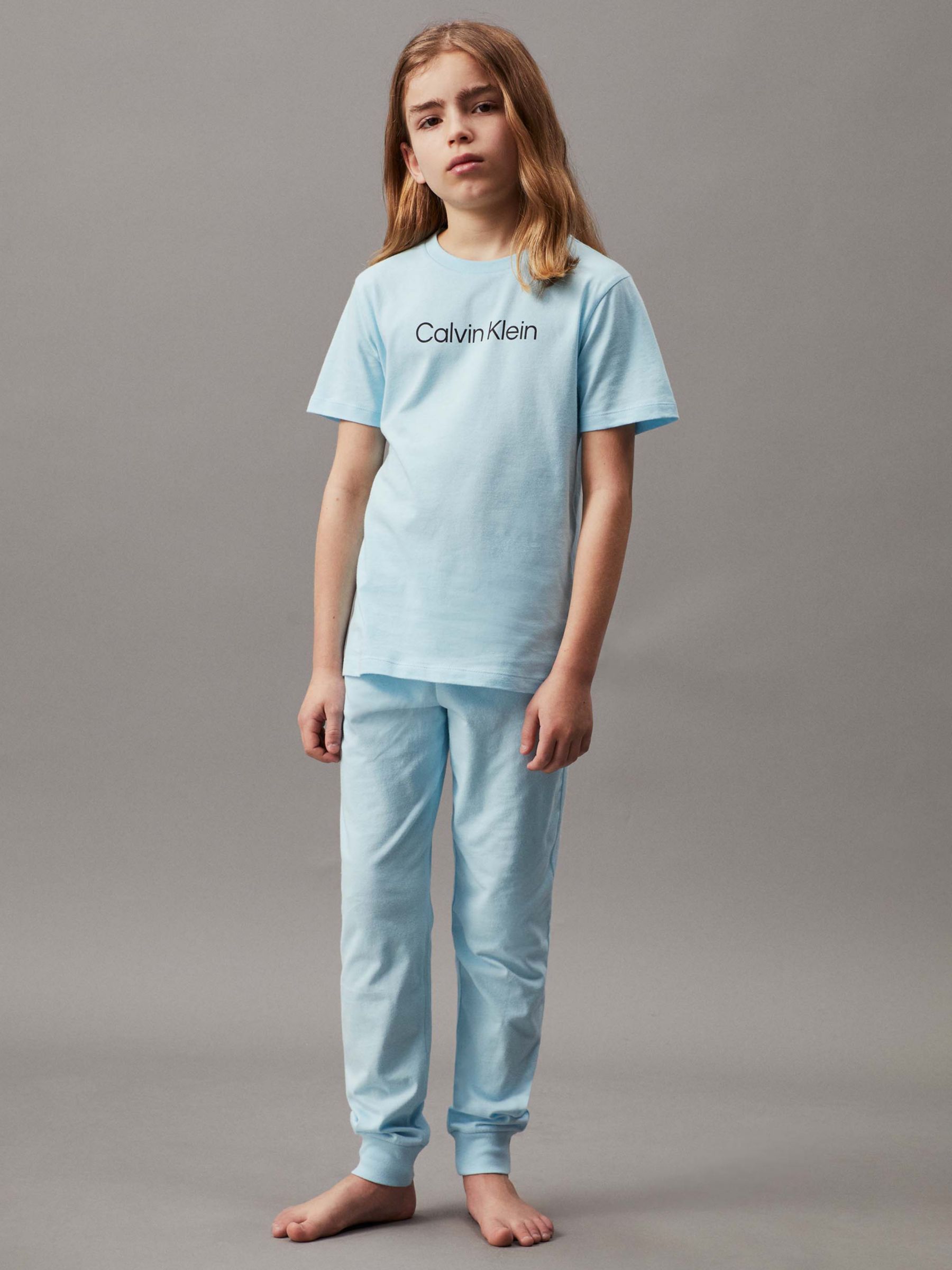 Calvin Klein Kids' Logo Lounge Pyjamas Set, Powder Sky/White, 10-12Y