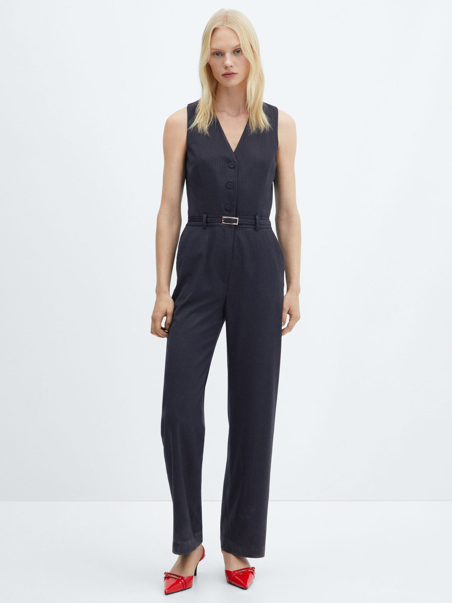 Mango Yolan Striped Sleeveless Jumpsuit, Navy at John Lewis & Partners