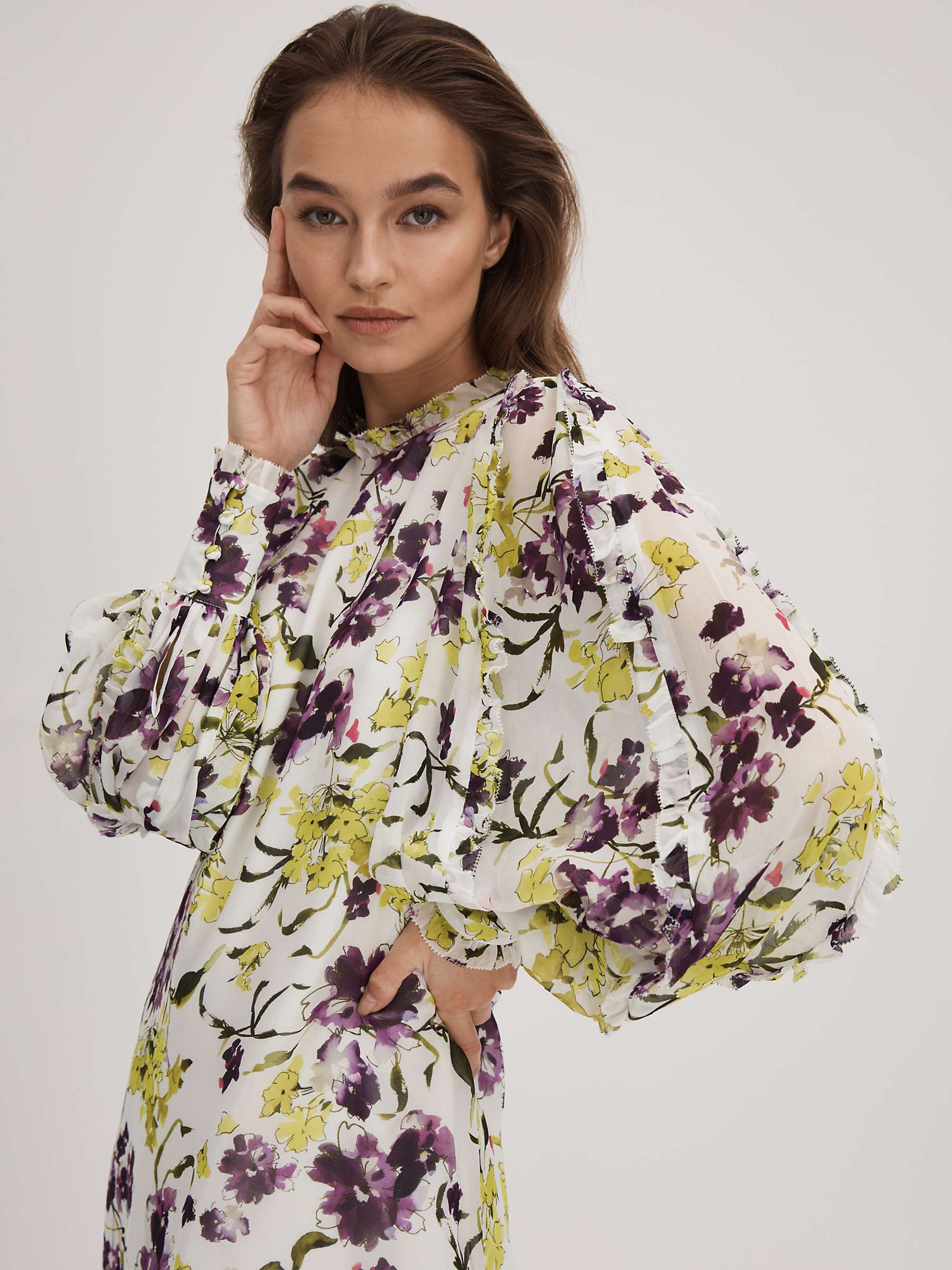 Buy FLORERE Floral Print Blouson Sleeve Mini Dress, Ivory/Multi Online at johnlewis.com