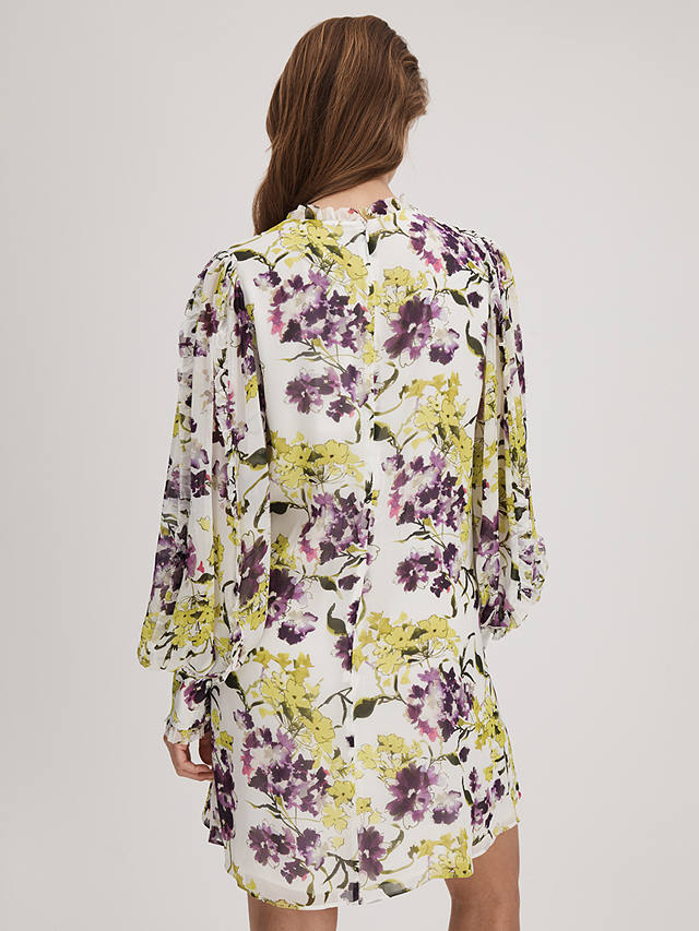 FLORERE Floral Print Blouson Sleeve Mini Dress, Ivory/Multi