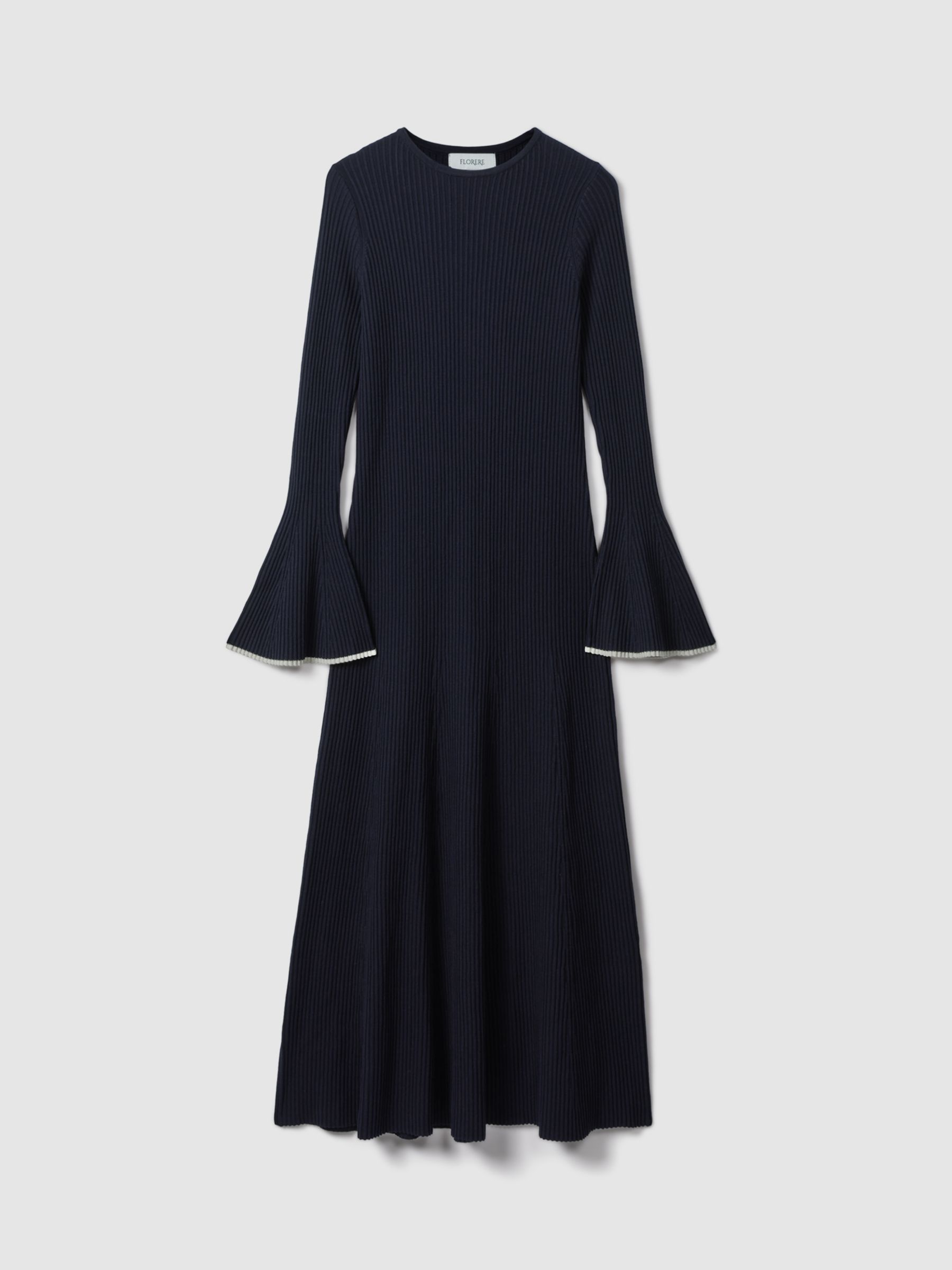 FLORERE Fluted Cuff Knit Midi Dress, Navy, 8