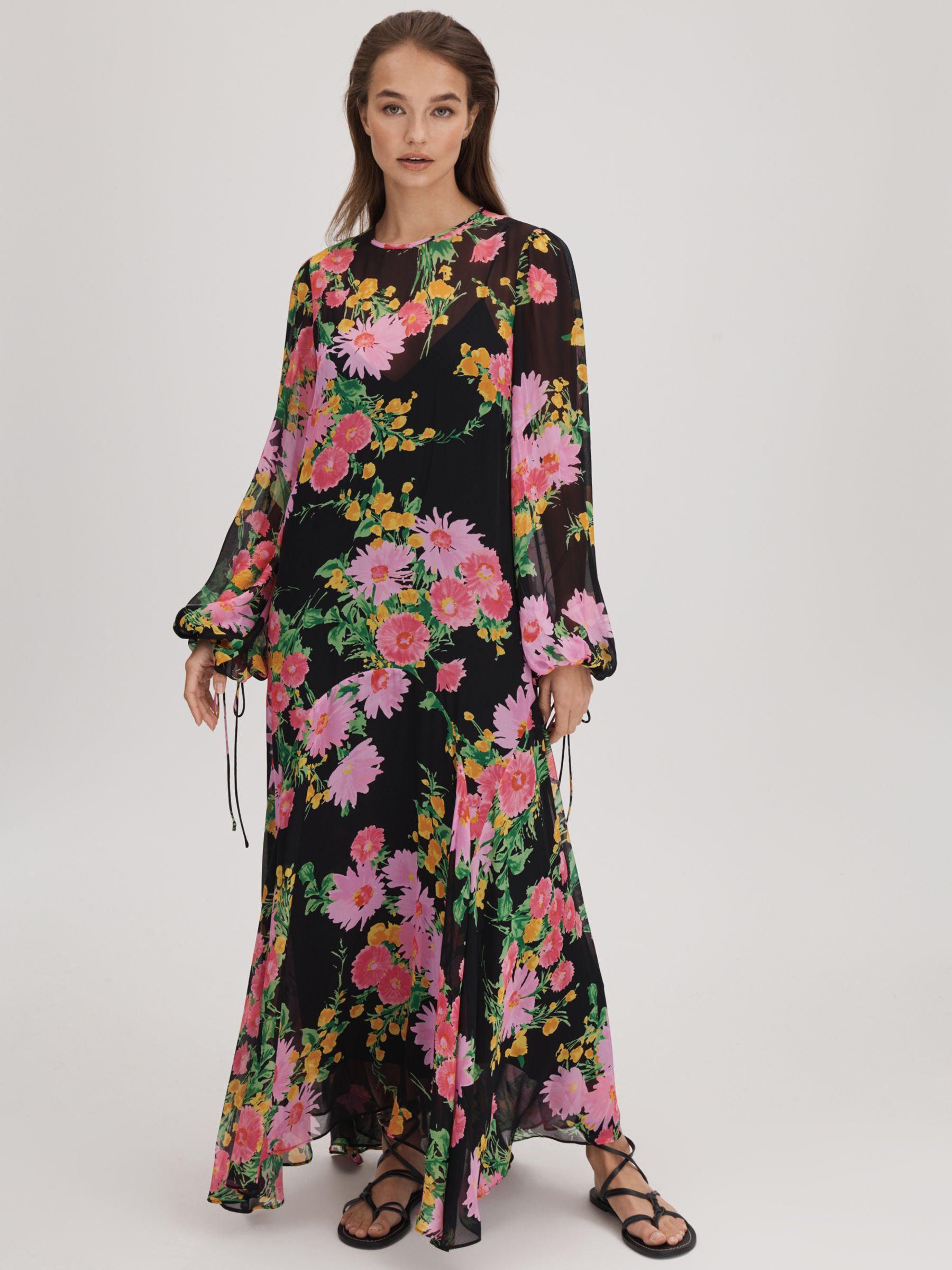FLORERE Sheer Asymmetric Maxi Dress, Pink/Black, 8