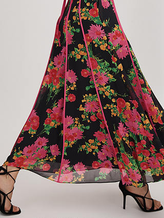 FLORERE Piping Trim Floral Print Maxi Dress, Black/Multi