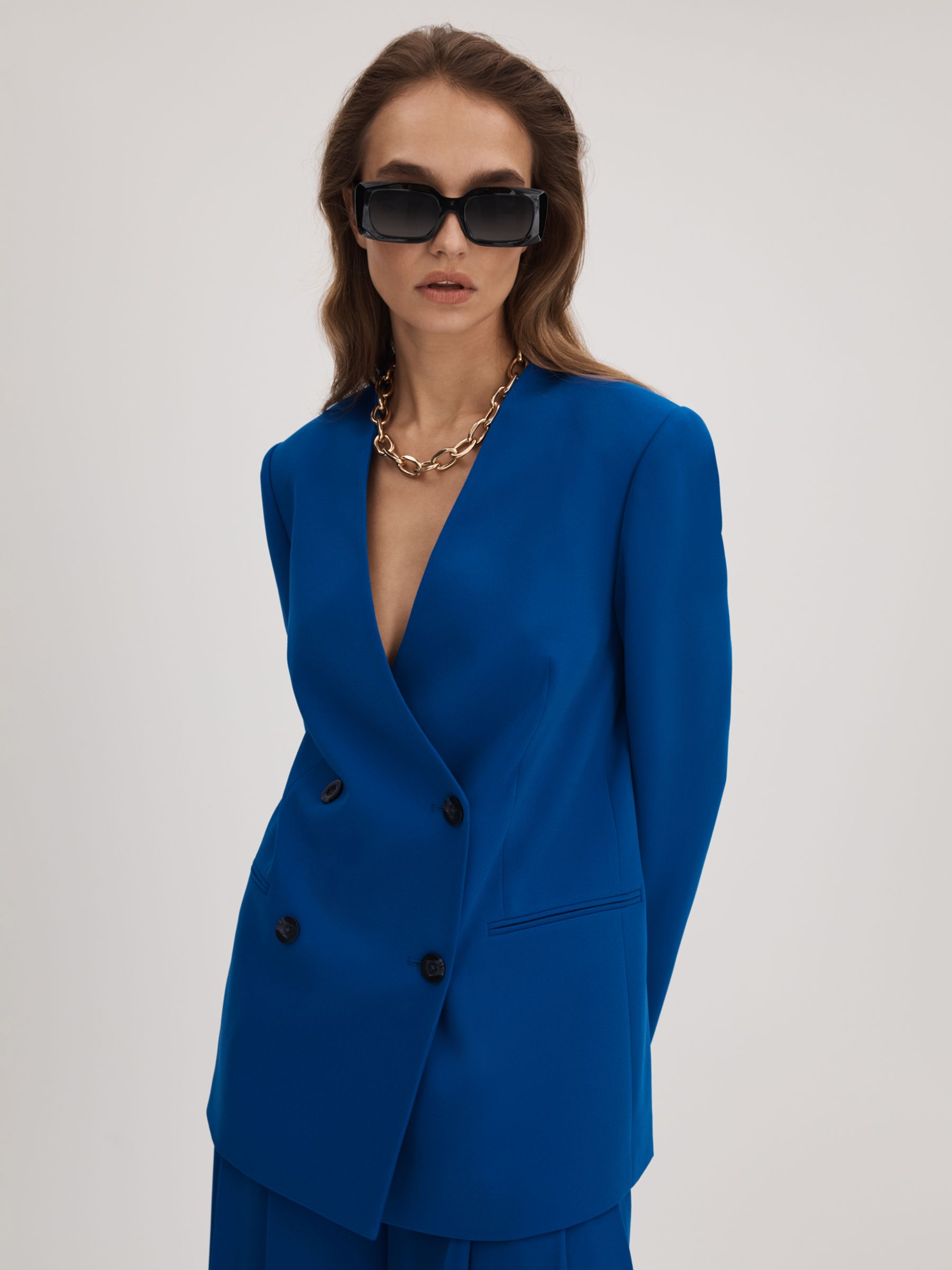 FLORERE Collarless Double Breasted Blazer, Bright Blue, 8