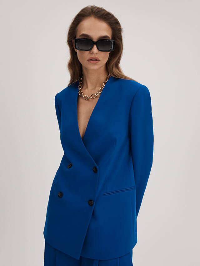 FLORERE Collarless Double Breasted Blazer, Bright Blue