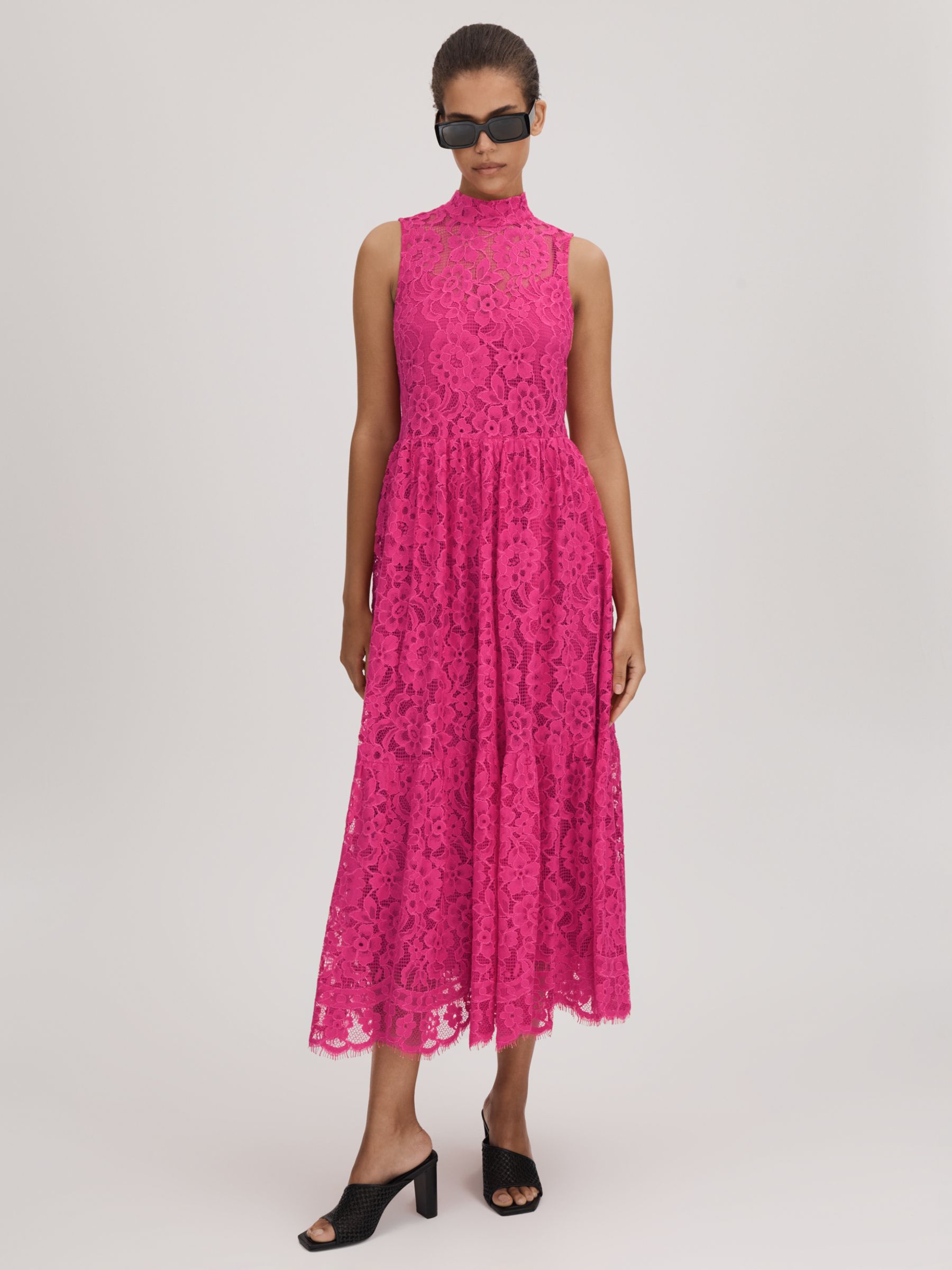 FLORERE High Neck Floral Lace Midi Dress, Bright Pink, 8