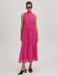 FLORERE High Neck Floral Lace Midi Dress, Bright Pink