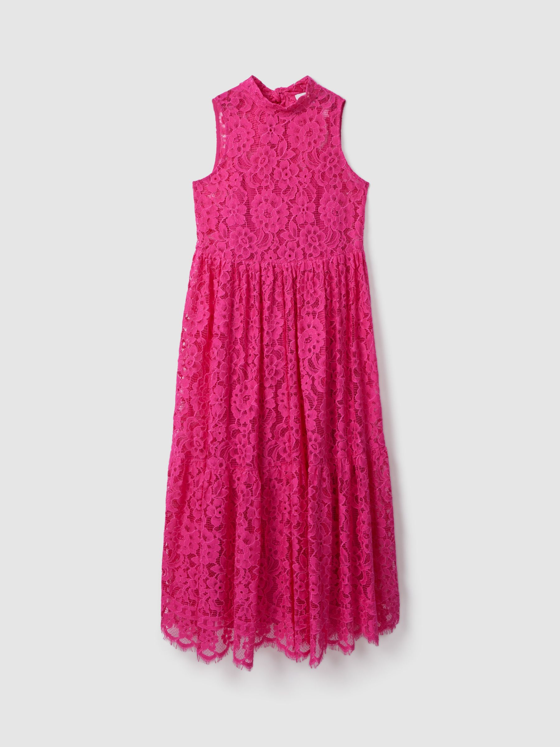 FLORERE High Neck Floral Lace Midi Dress, Bright Pink, 8