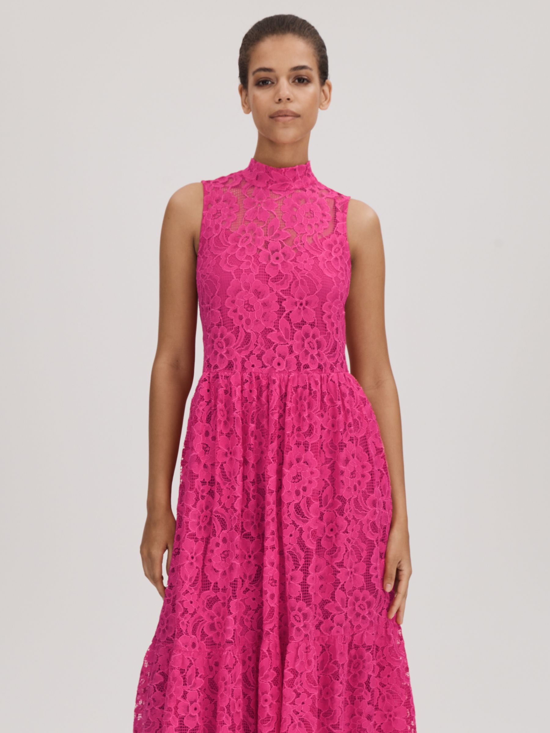 Buy FLORERE High Neck Floral Lace Midi Dress, Bright Pink Online at johnlewis.com