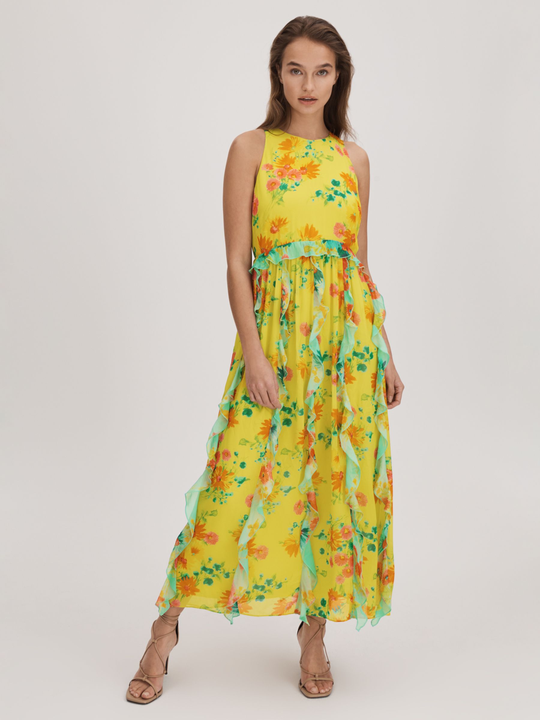 FLORERE Contrast Ruffle Midi Dress, Lime/Multi, 12