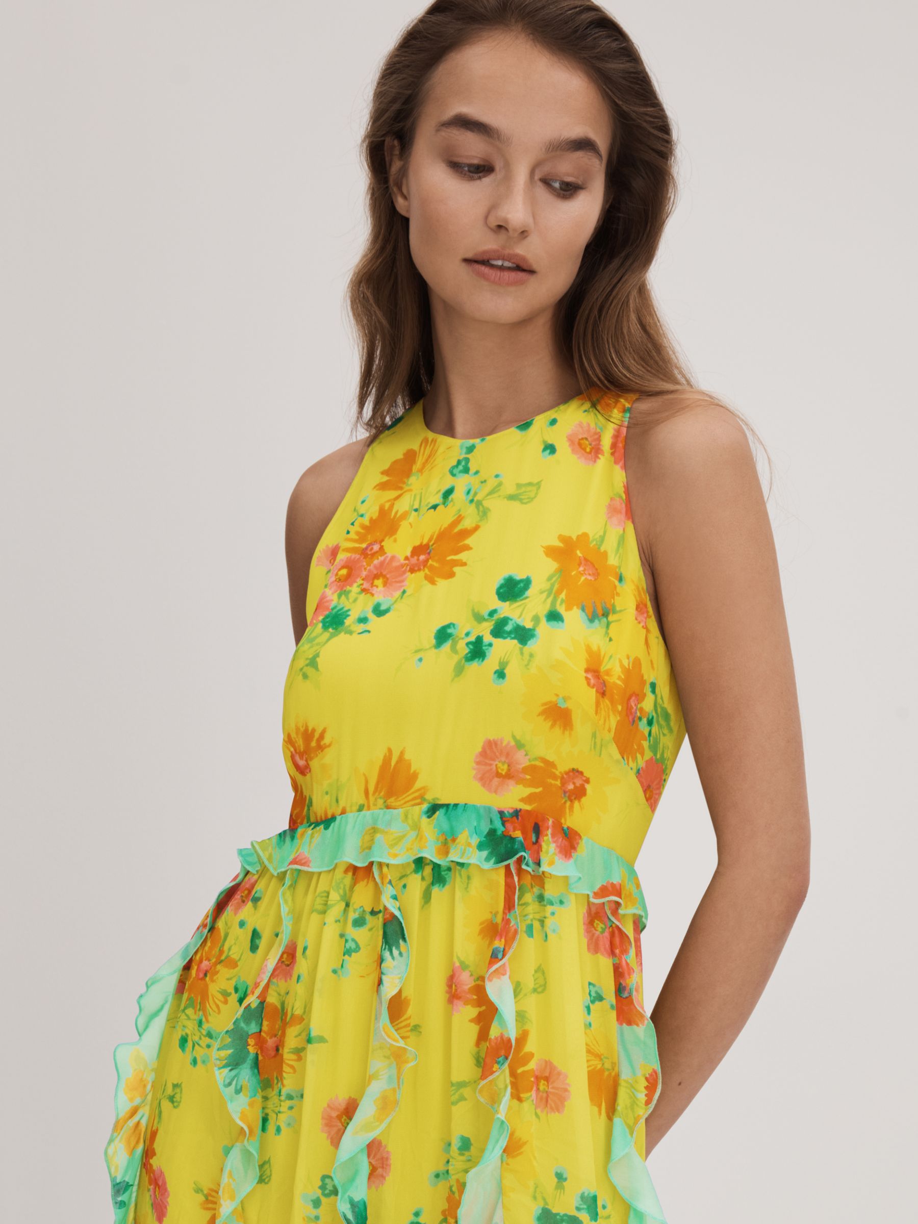 FLORERE Contrast Ruffle Midi Dress, Lime/Multi, 12