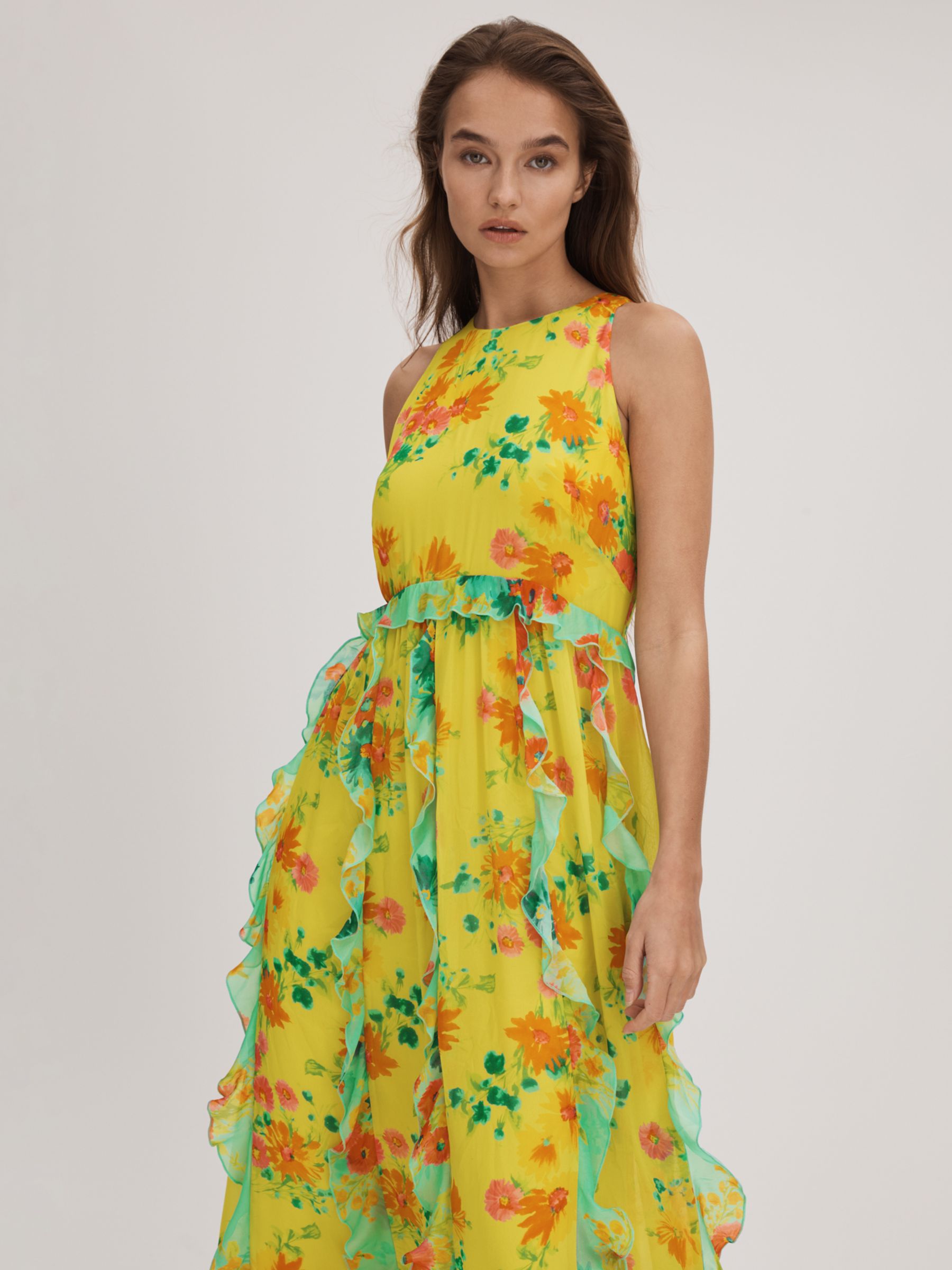 FLORERE Contrast Ruffle Midi Dress, Lime/Multi, 12
