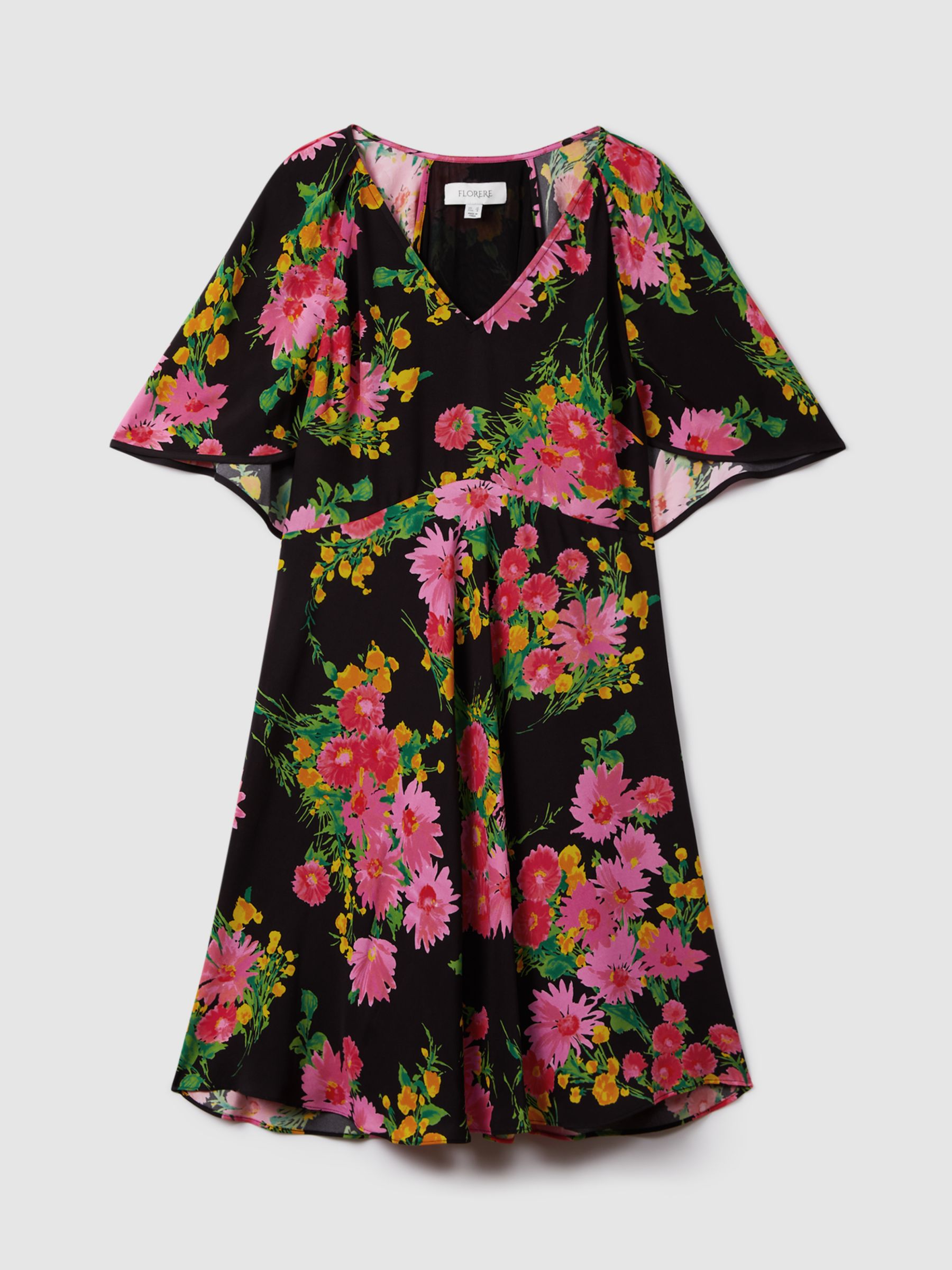 FLORERE Cape Back Detail Floral Print Mini Dress, Black/Multi, 8