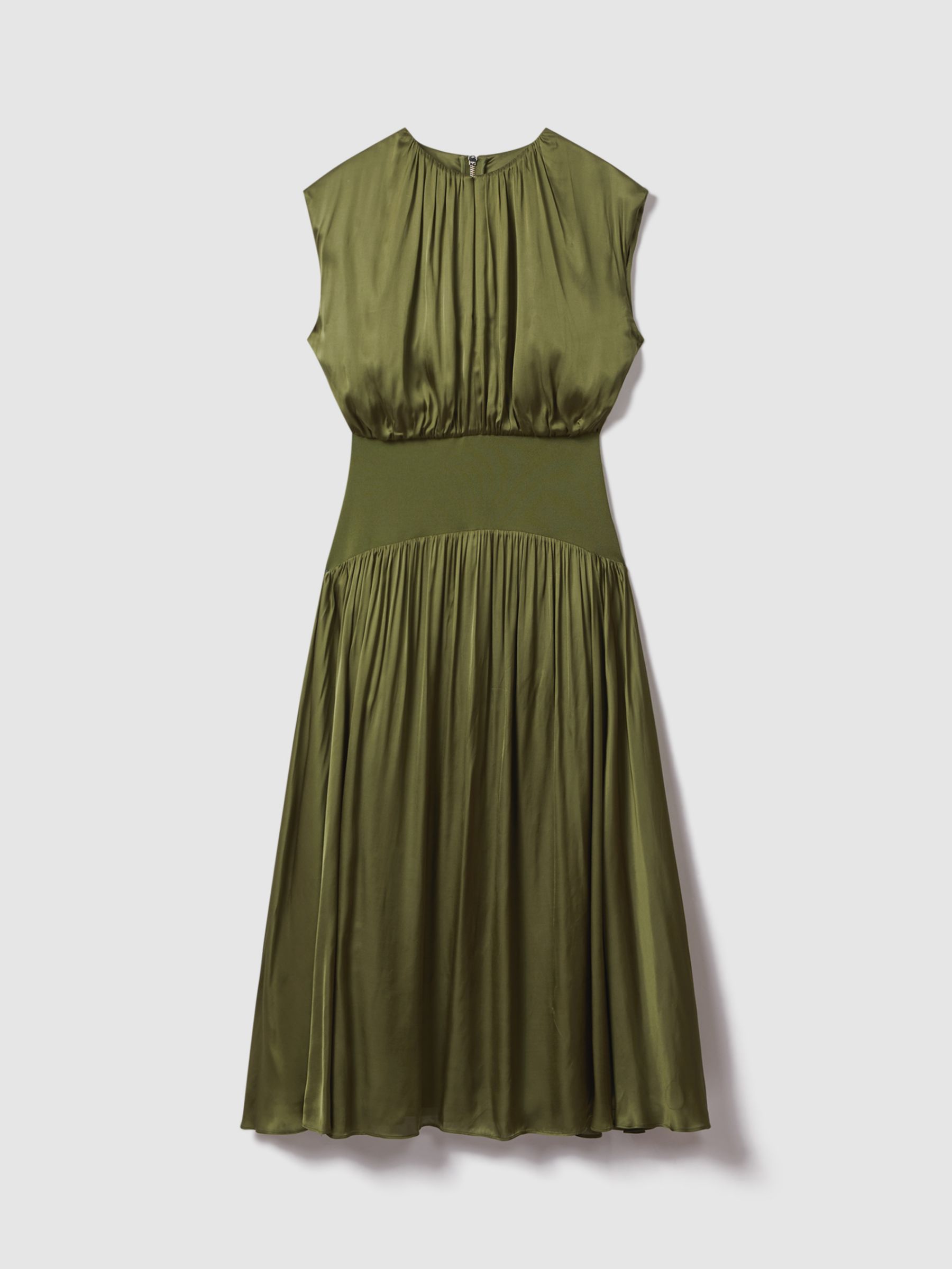 FLORERE Pleated Midi Dress, Khaki, 10