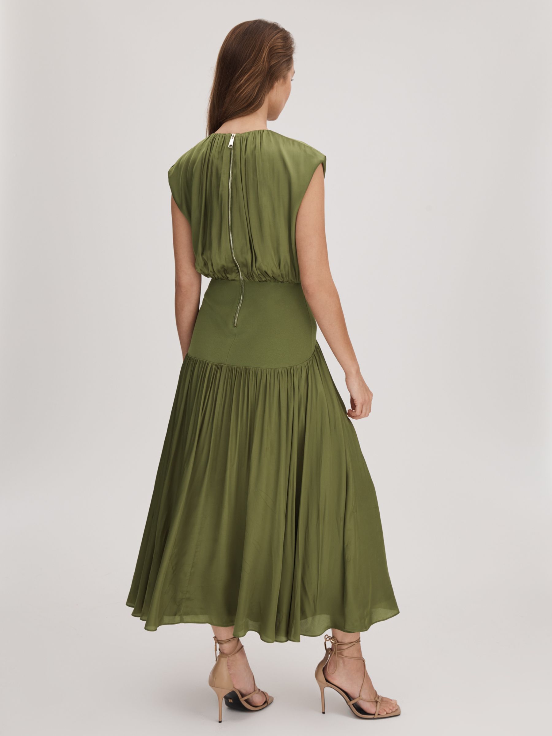 FLORERE Pleated Midi Dress, Khaki, 10