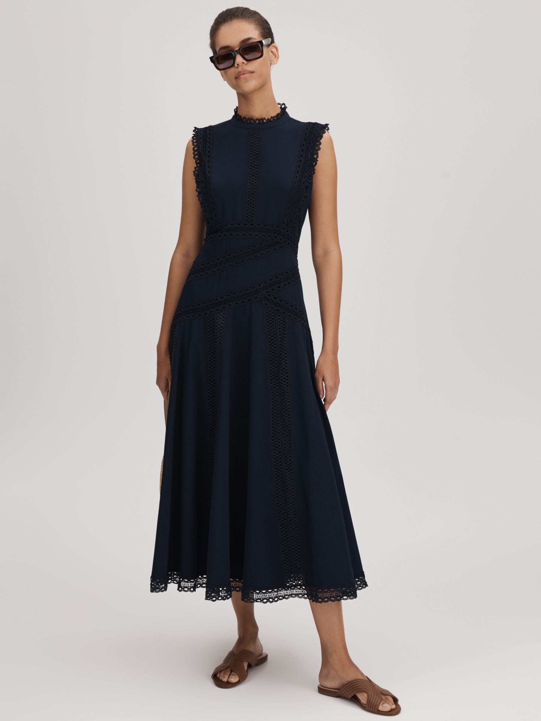 FLORERE Lace Cotton Midi Dress, Navy at John Lewis & Partners