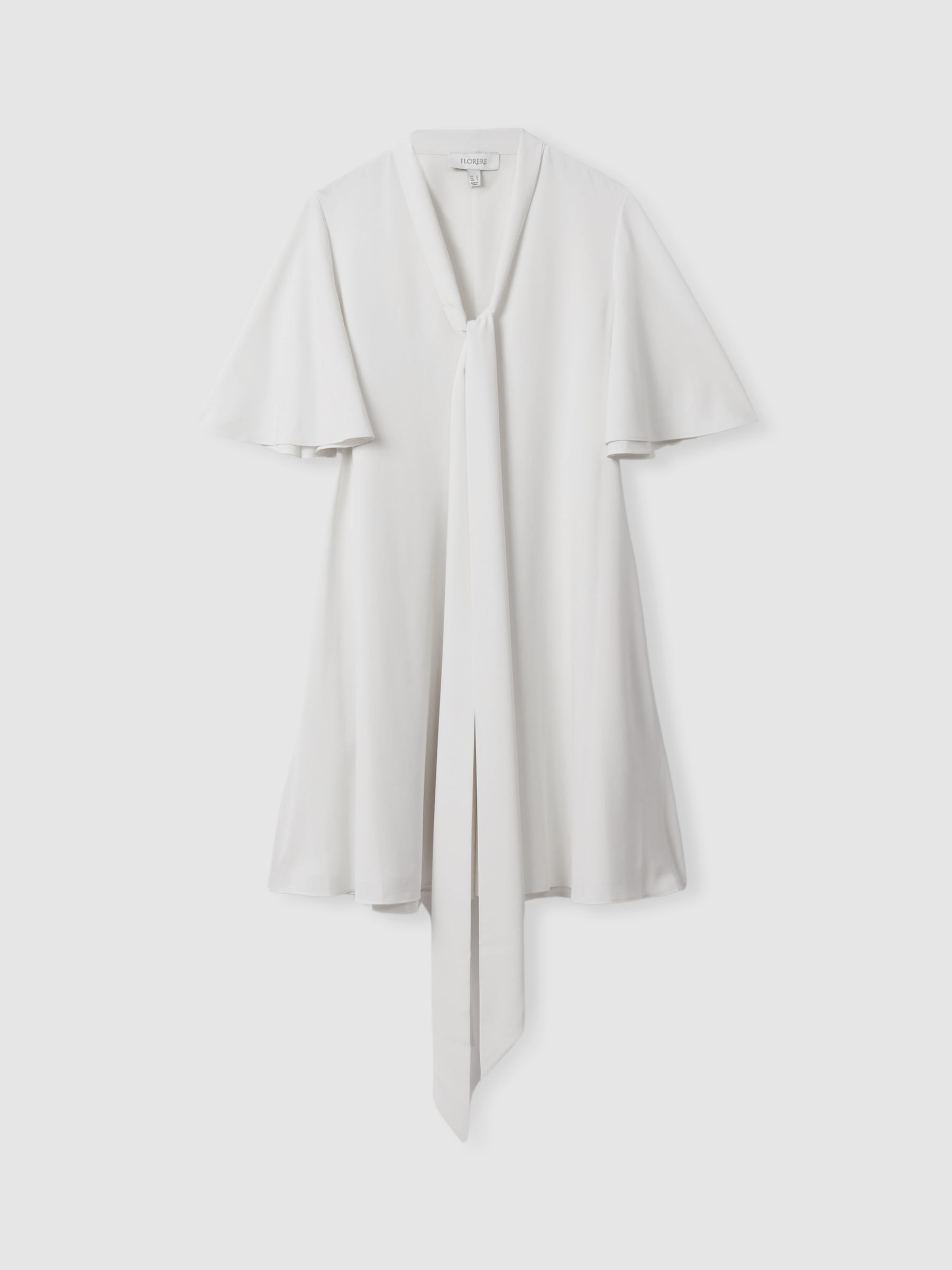 FLORERE Tie Neck Frill Sleeve Mini Dress, Ivory, 8