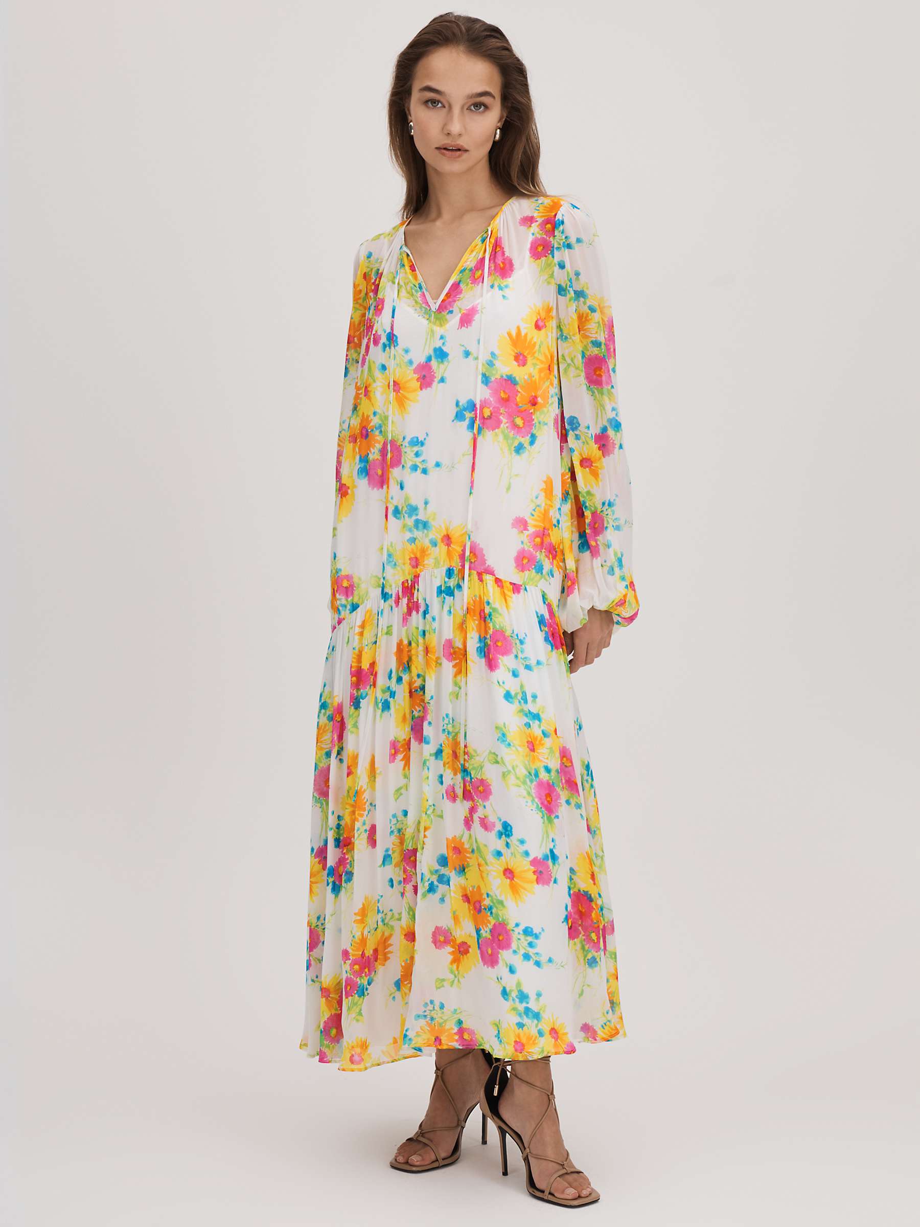 Buy FLORERE Floral Tie Neck Maxi Dress, Ivory/Multi Online at johnlewis.com