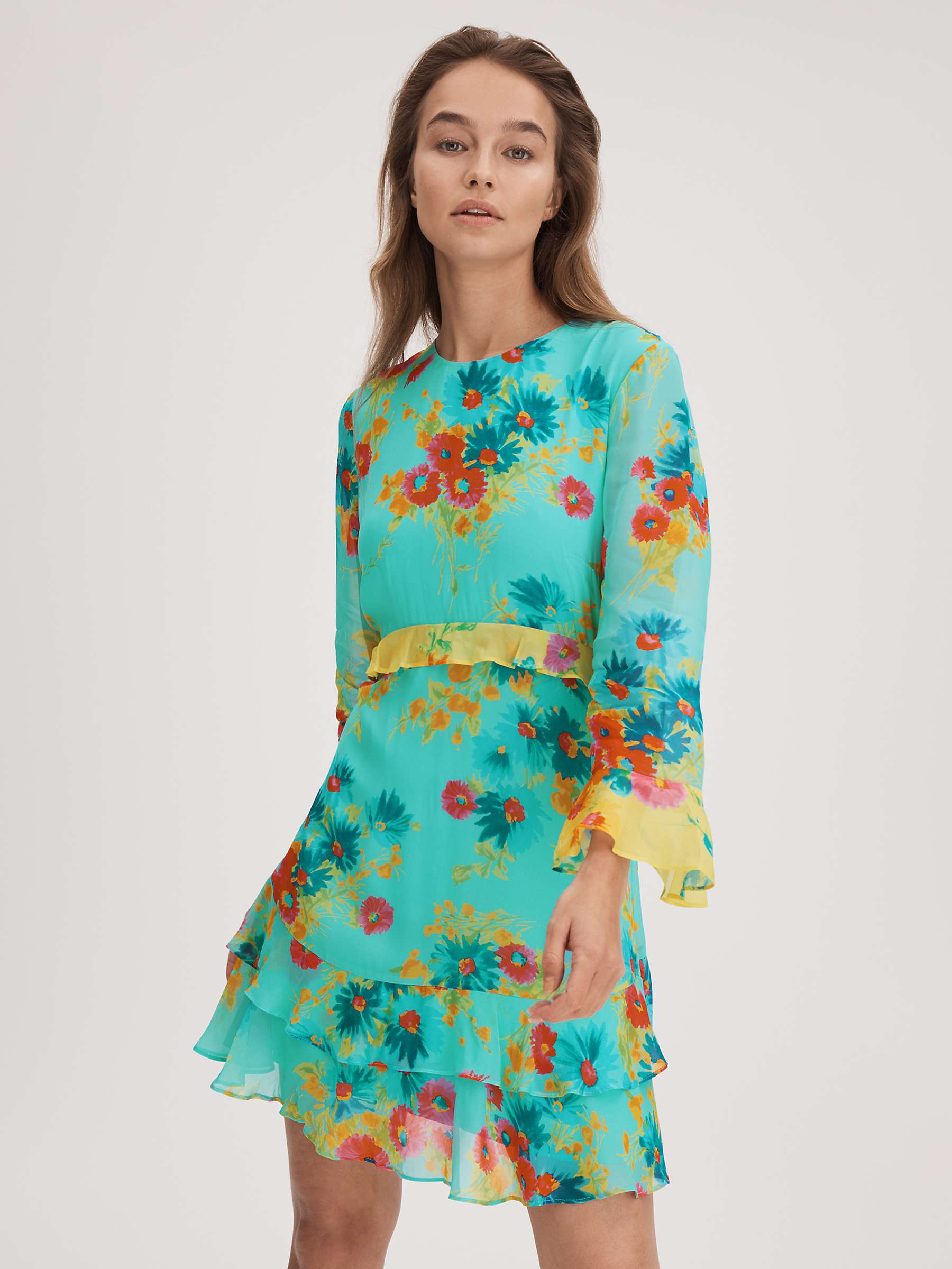 Buy FLORERE Ruffle Contrast Mini Dress, Turquoise/Multi Online at johnlewis.com