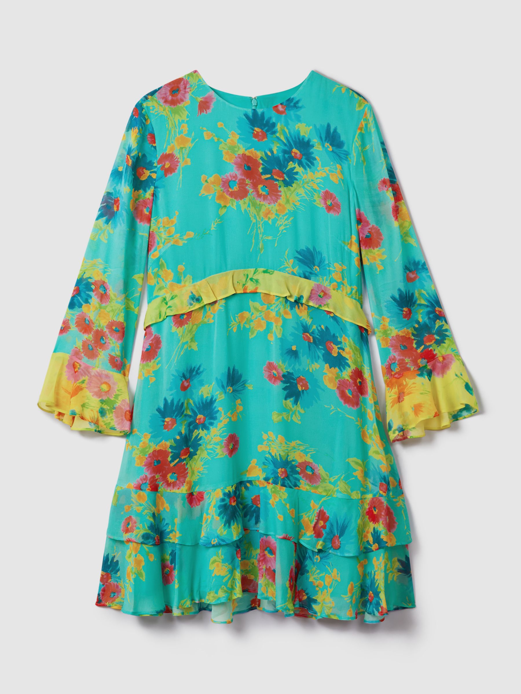 FLORERE Ruffle Contrast Mini Dress, Turquoise/Multi, 14