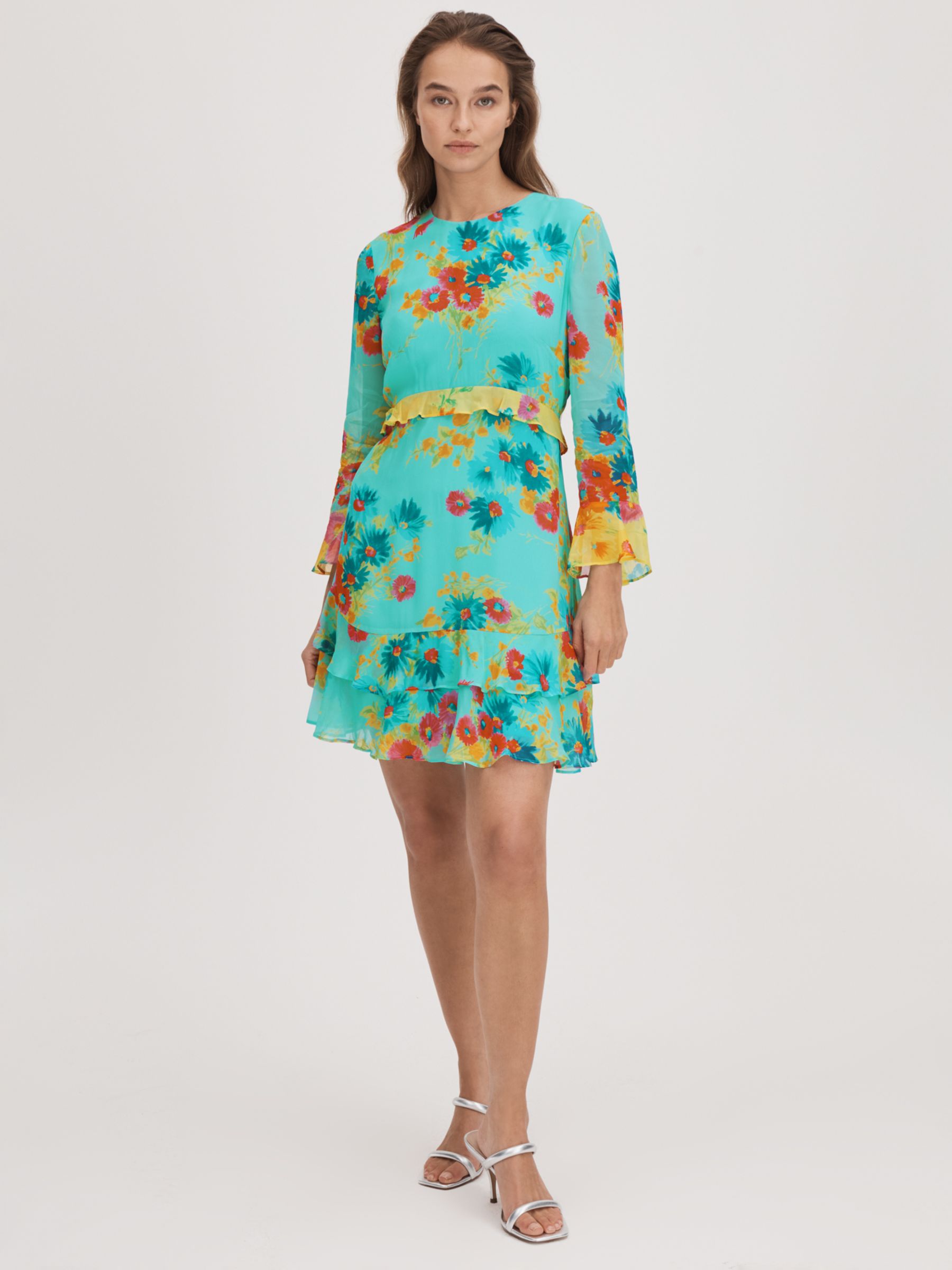 FLORERE Ruffle Contrast Mini Dress, Turquoise/Multi, 14