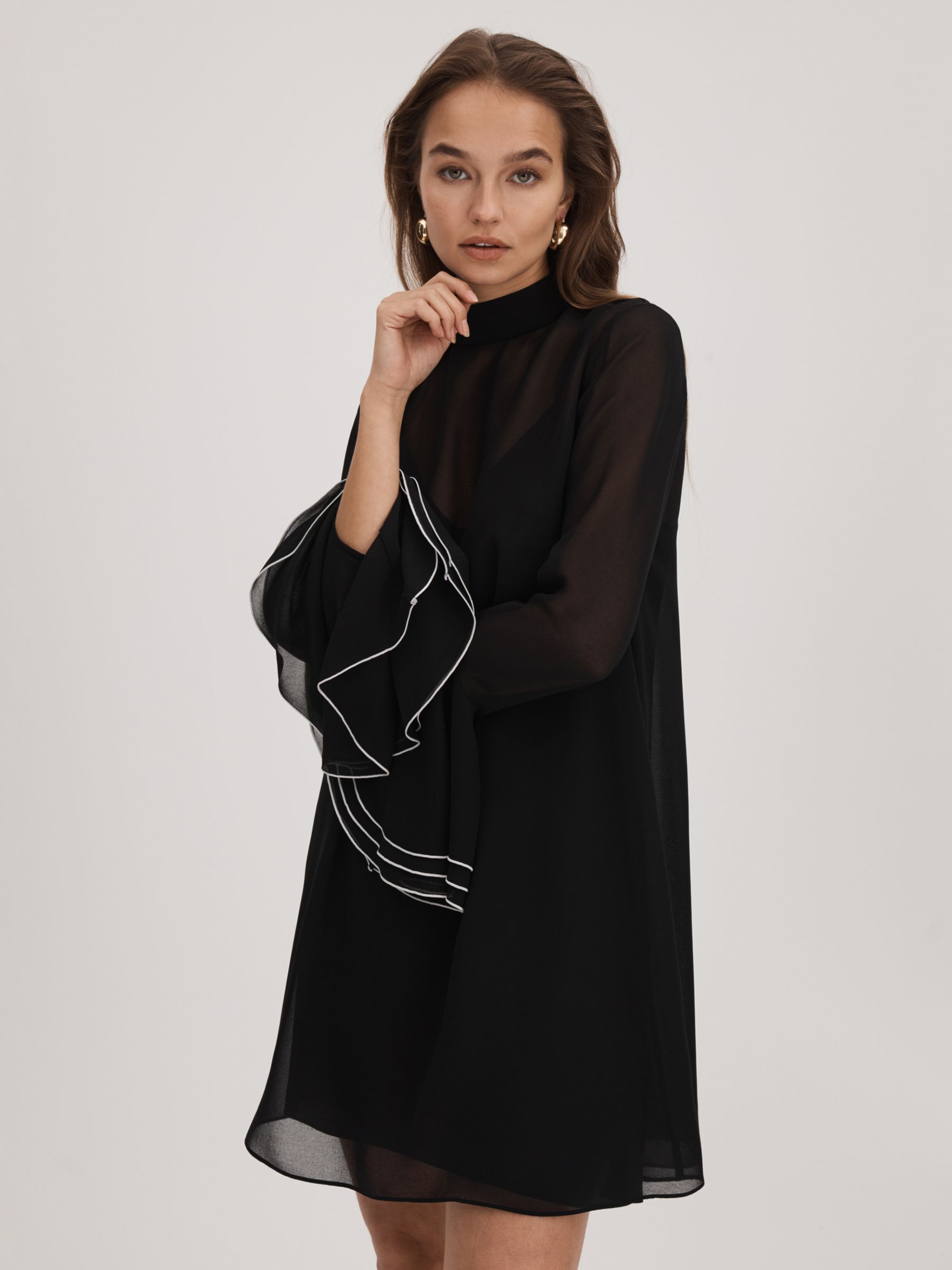 FLORERE Sheer Fluted Cuff Mini Dress, Black, 12