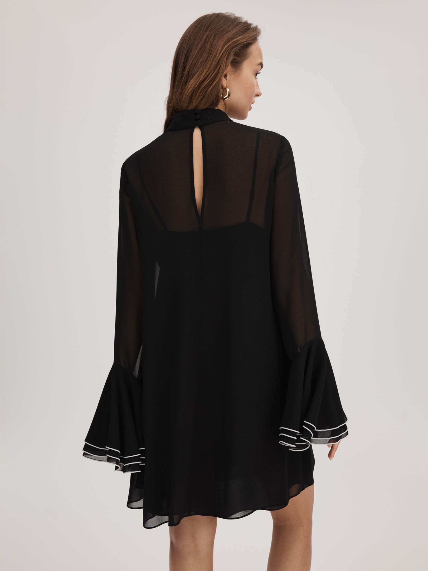 FLORERE Sheer Fluted Cuff Mini Dress, Black at John Lewis & Partners