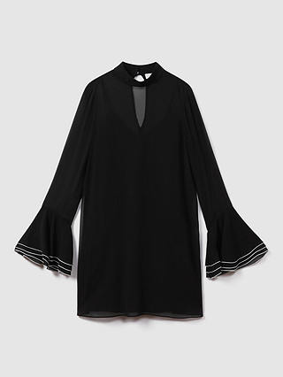 FLORERE Sheer Fluted Cuff Mini Dress, Black