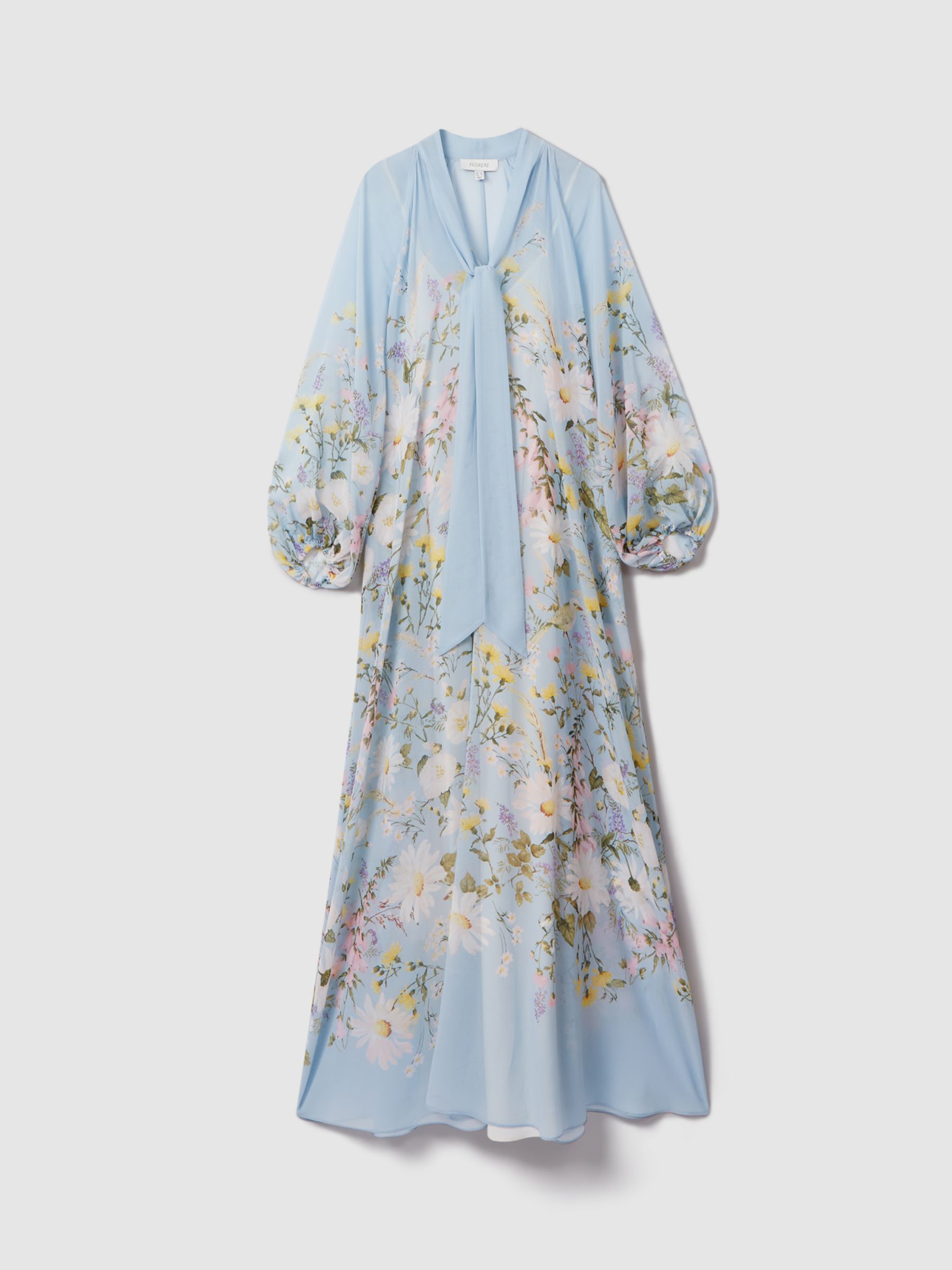 FLORERE Tie Neck Floral Maxi Dress, Pale Blue, 12