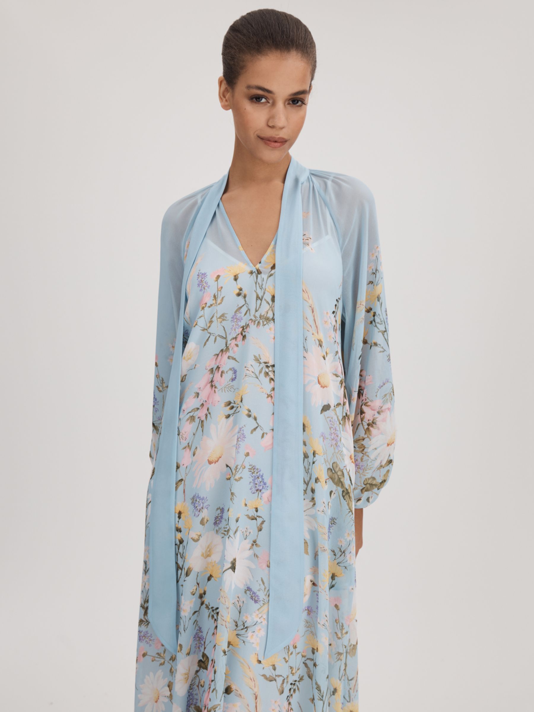 FLORERE Tie Neck Floral Maxi Dress, Pale Blue, 12