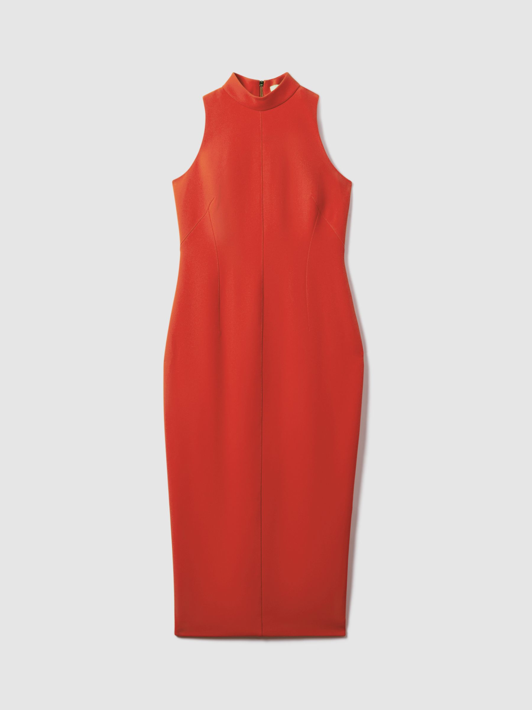 FLORERE High Neck Bodycon Midi Dress, Deep Coral, 10