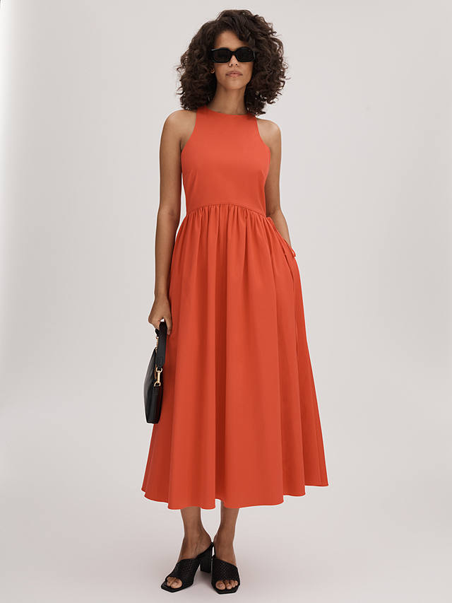 FLORERE Full Skirt Cotton Blend Dress, Deep Coral