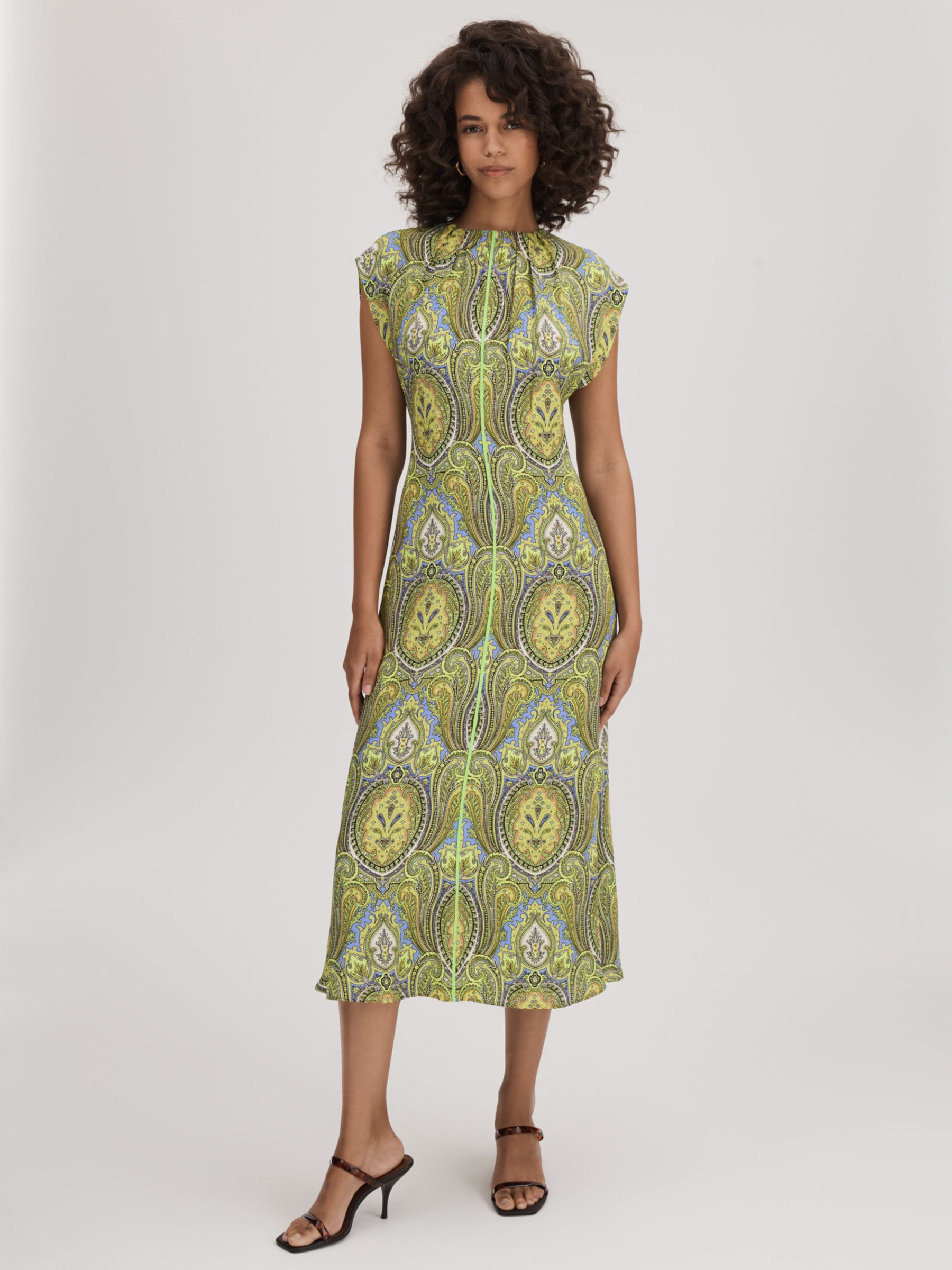 FLORERE Tie Back Paisley Print Midi Dress, Lime Green/Multi, 8