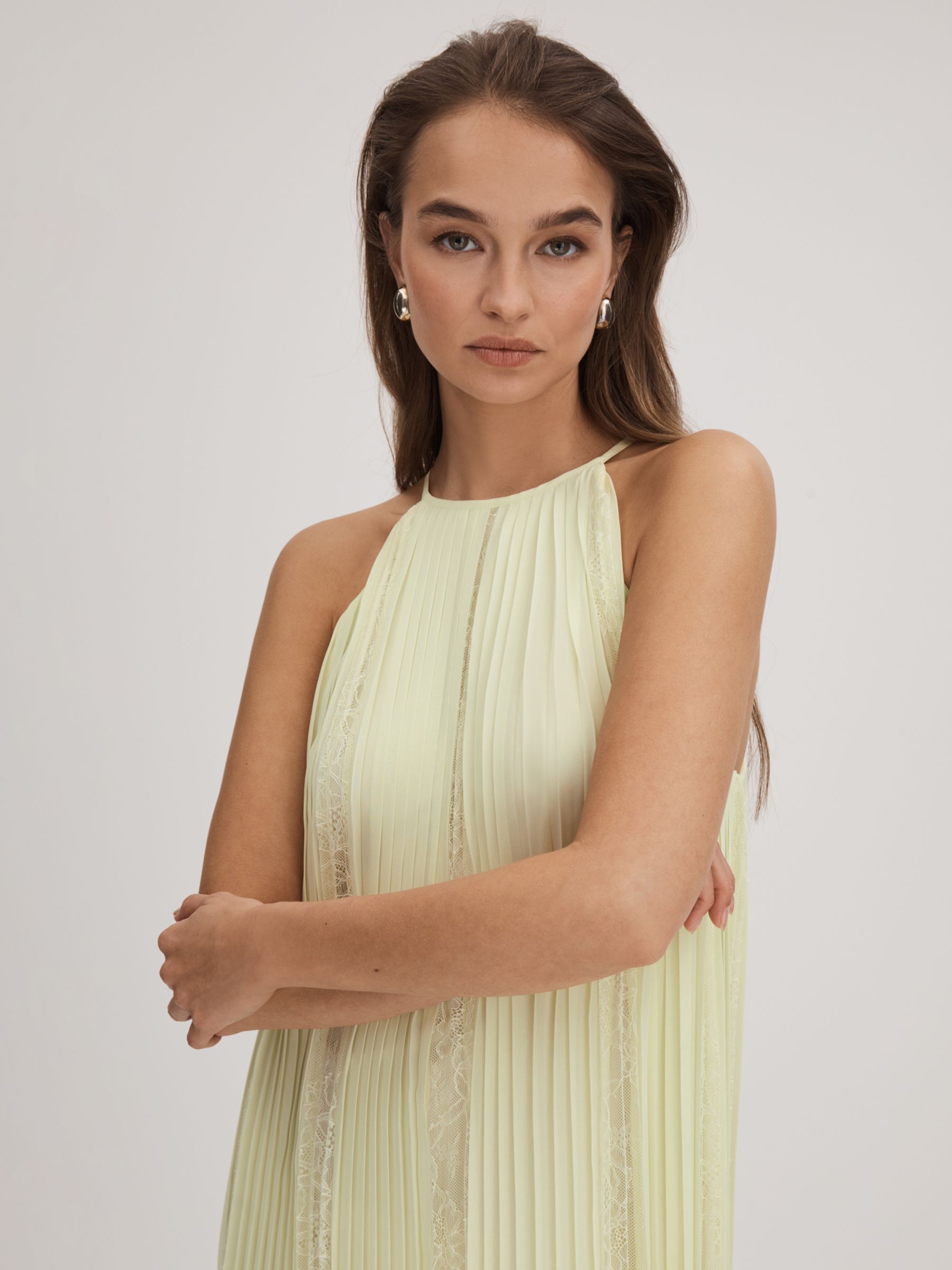 FLORERE Pleated Lace Panel Maxi Dress, Pale Green, 16