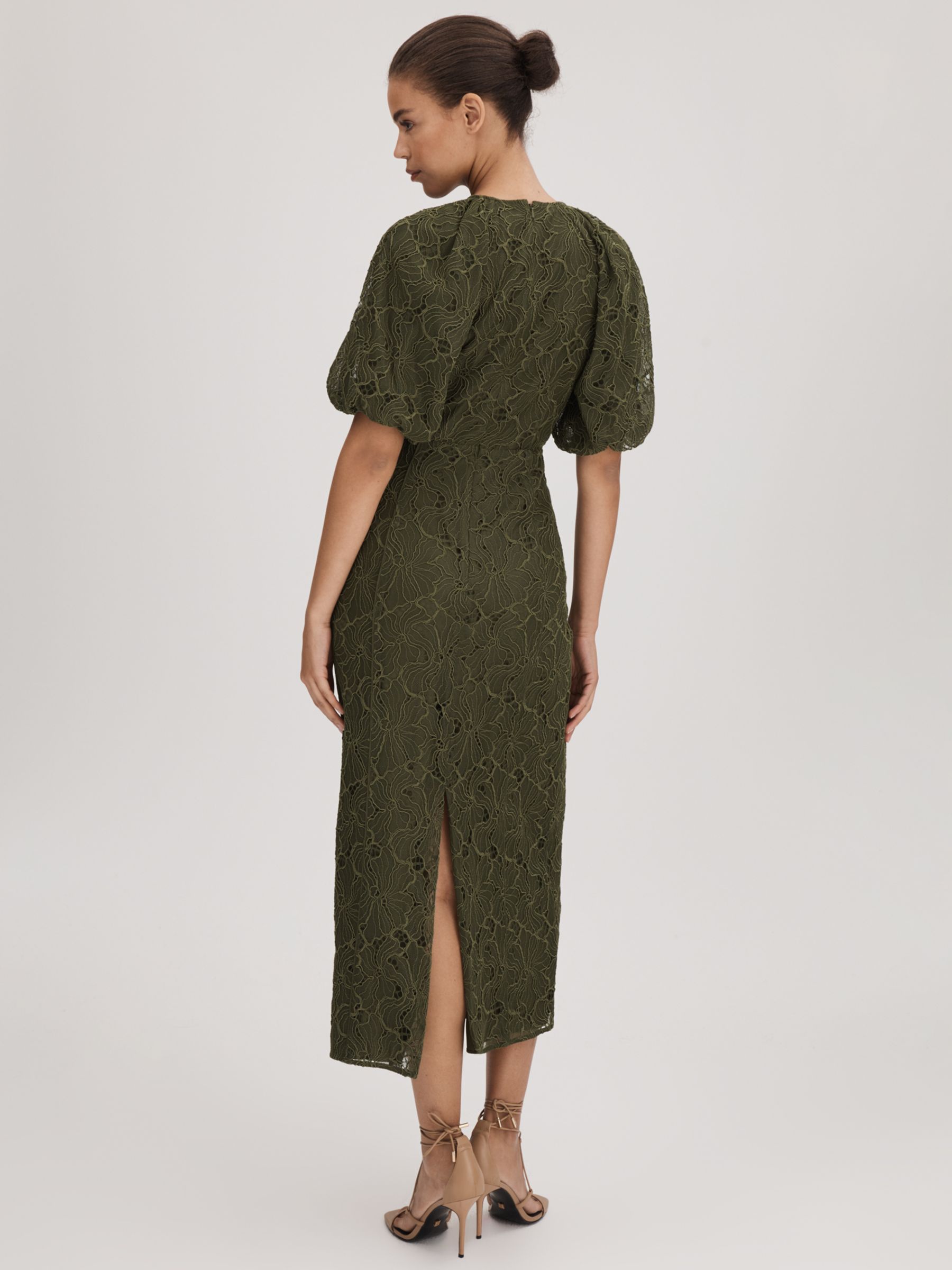 Buy FLORERE Corded Lace Puff Sleeve Midi Dress, Dark Khaki Online at johnlewis.com