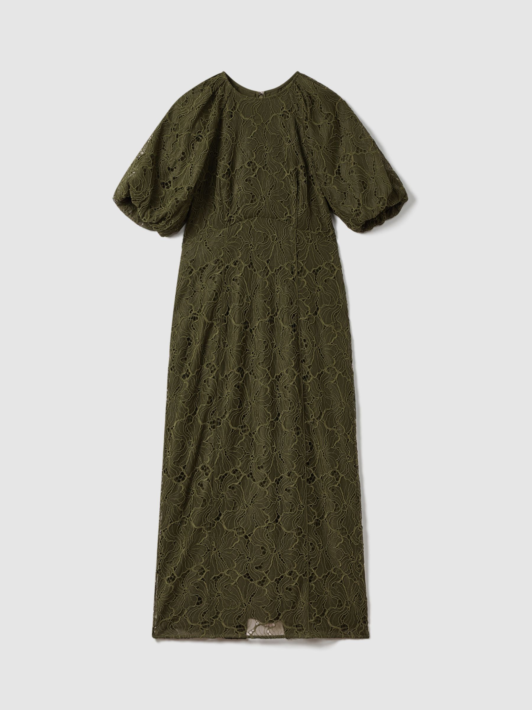 FLORERE Corded Lace Puff Sleeve Midi Dress, Dark Khaki, 14