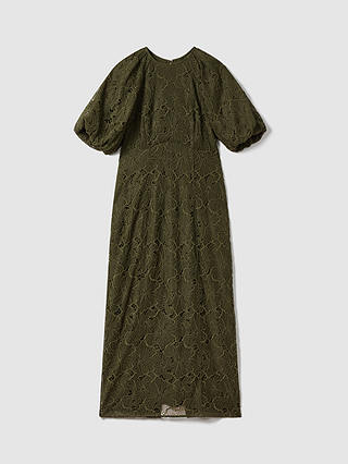 FLORERE Corded Lace Puff Sleeve Midi Dress, Dark Khaki