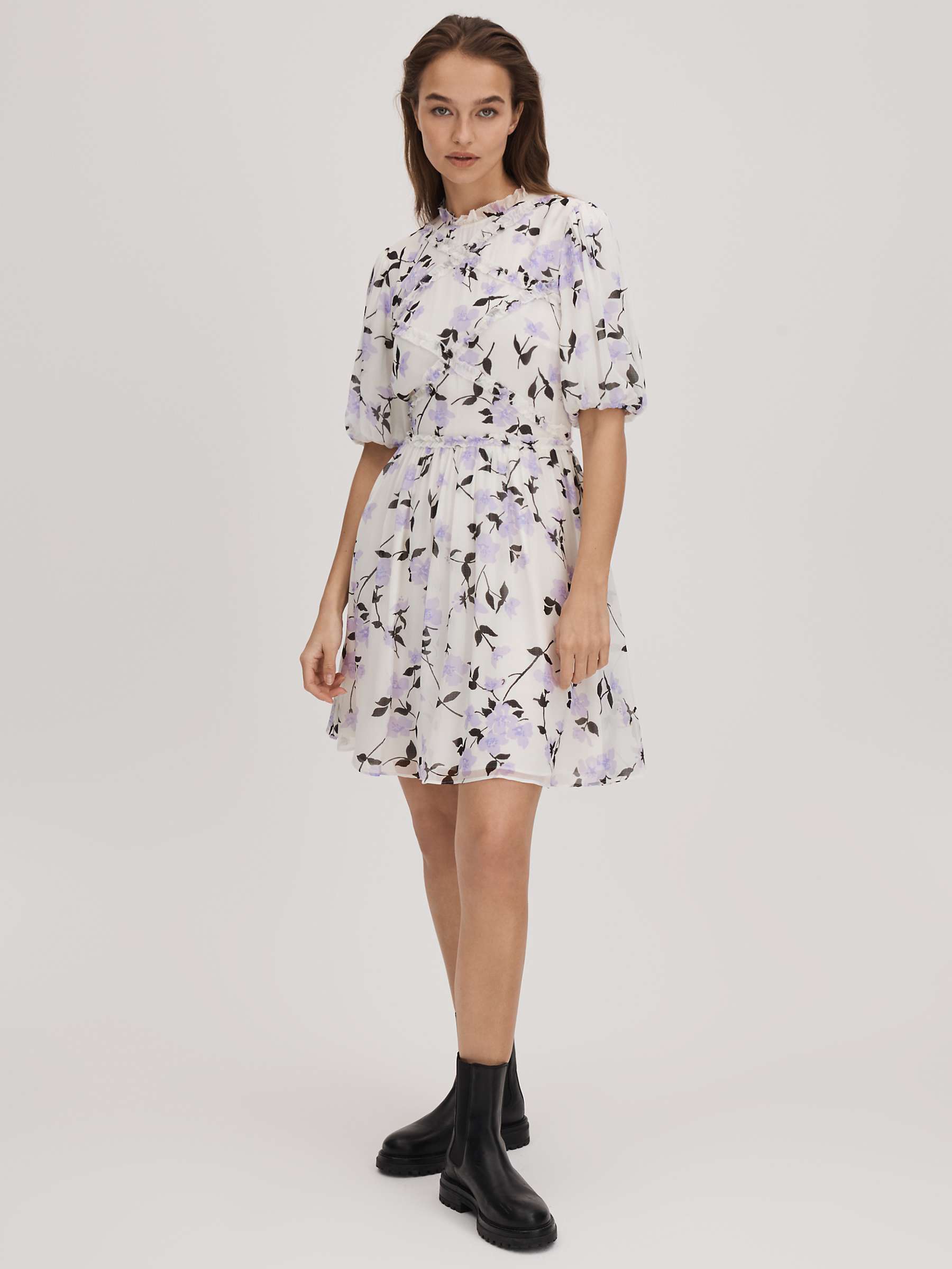 Buy FLORERE Floral Puff Sleeve Mini Dress, Lilac Online at johnlewis.com