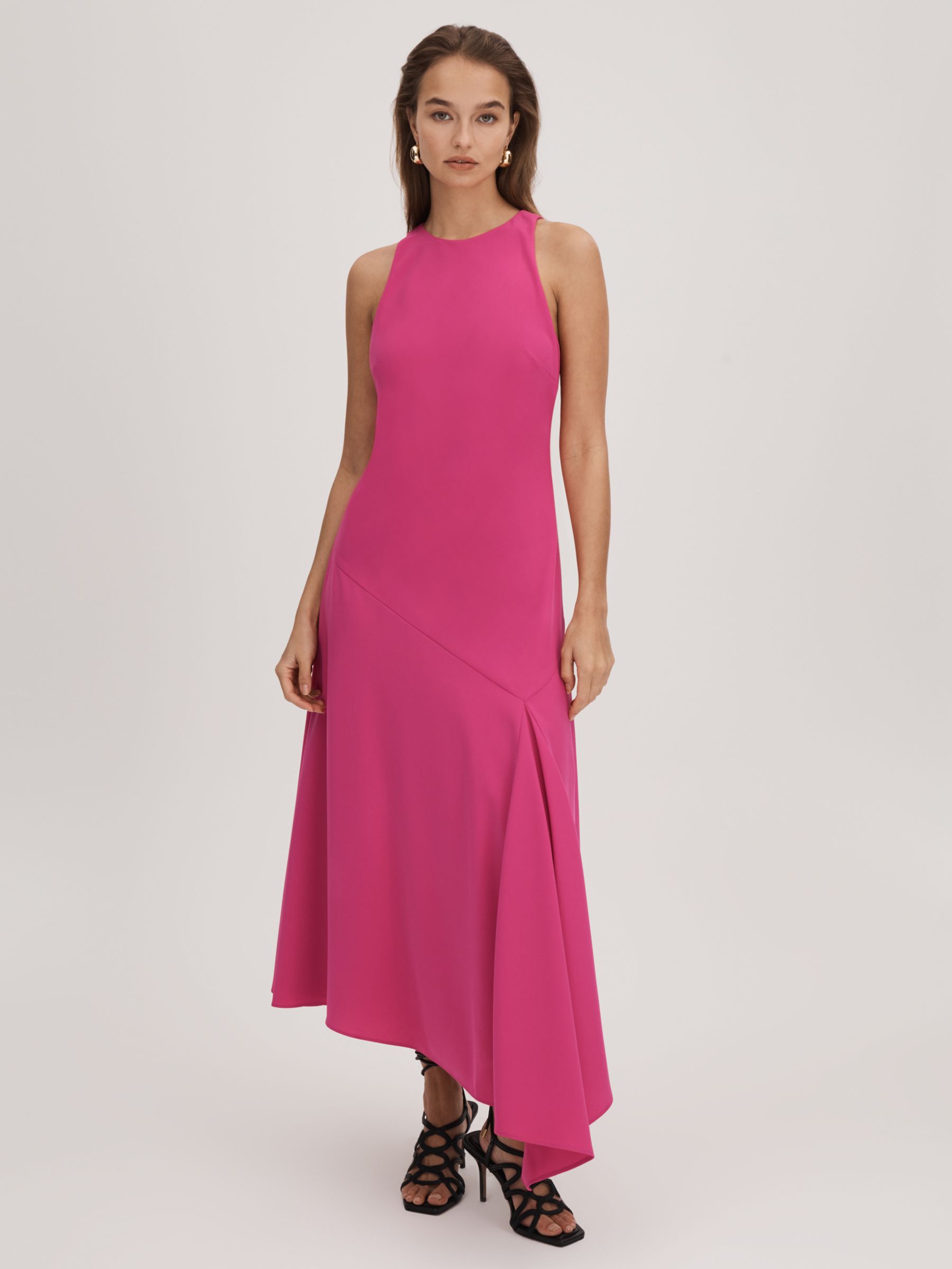 FLORERE Asymmetric Hem Midi Dress, Deep Pink, 8